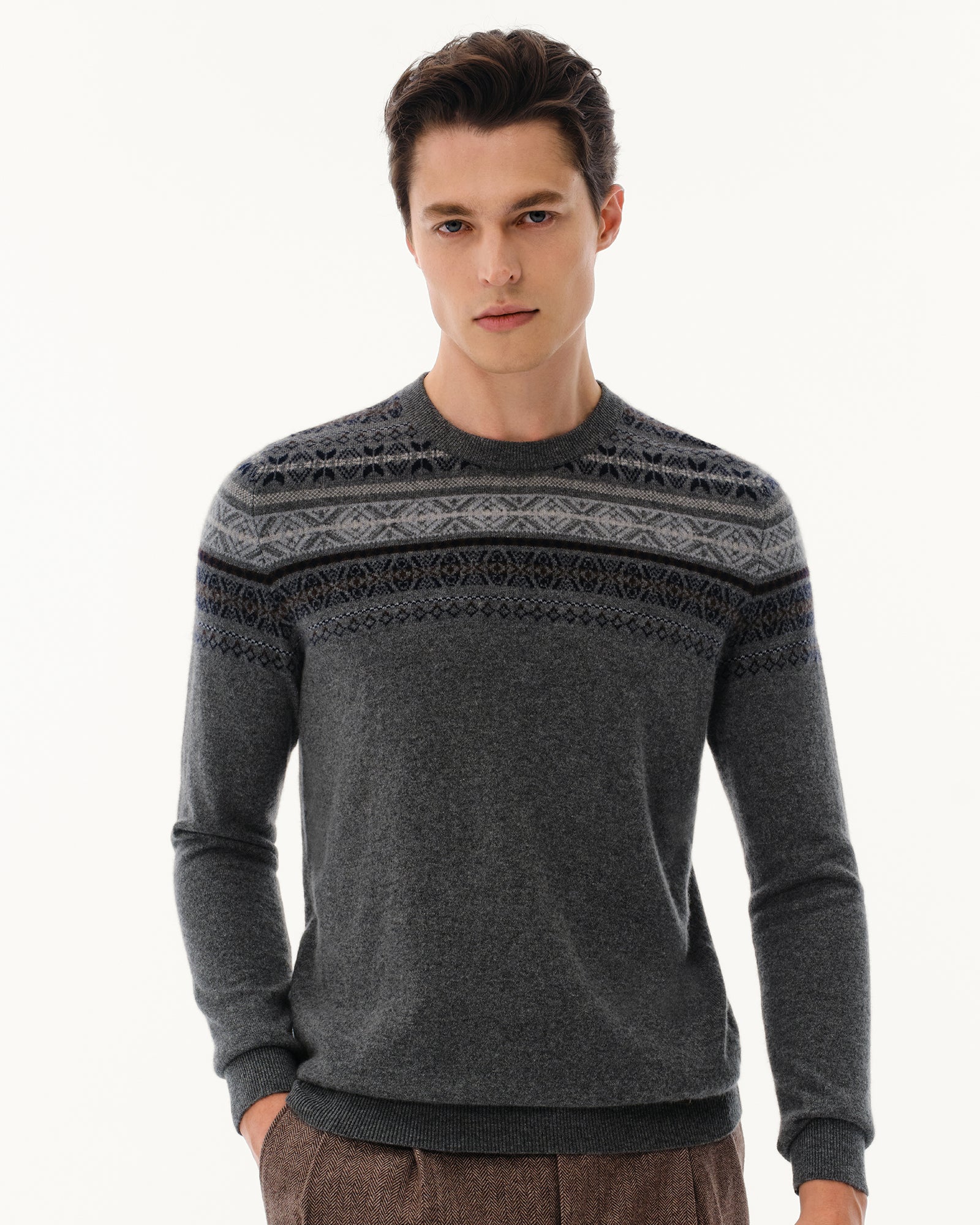 Men's 100% Pure Cashmere Fair Isle Crew Neck Sweater