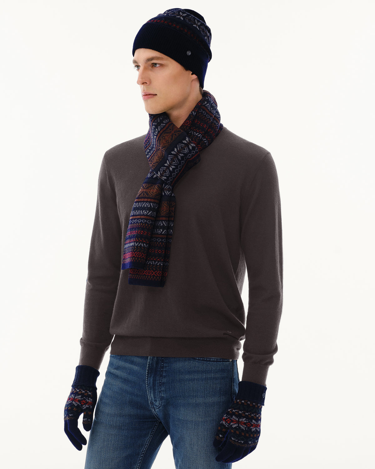 Men's Wool-Cashmere Fair Isle Hat, Scarf &amp; Gloves Set