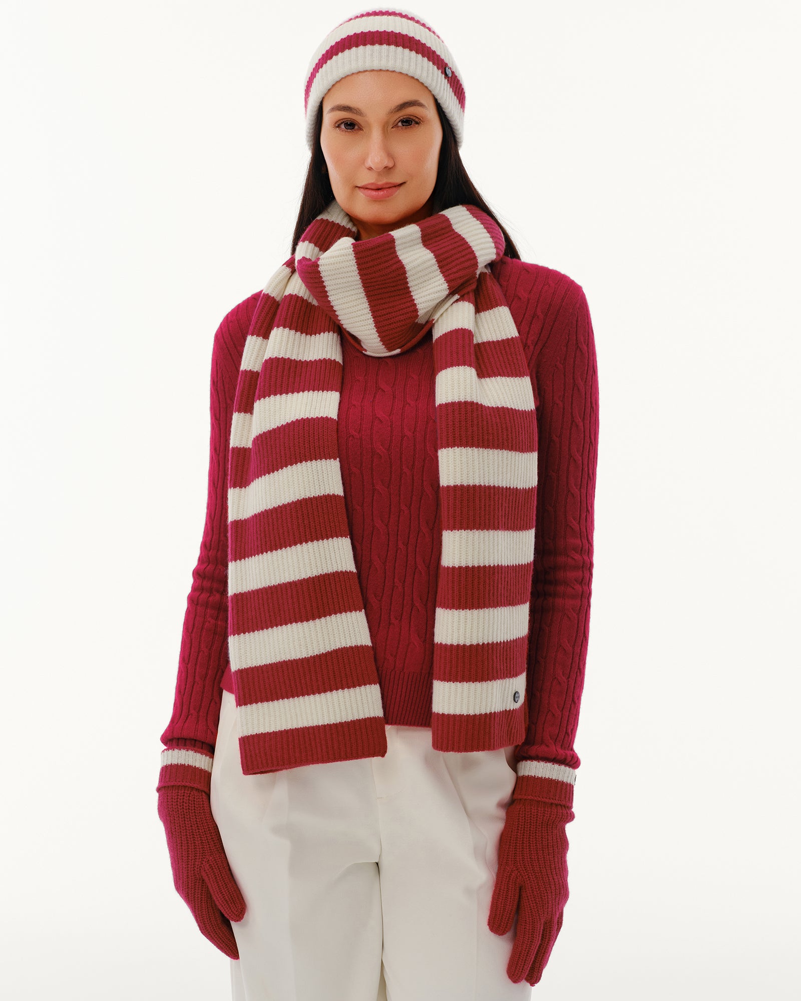 Wool-Cashmere Striped Hat, Scarf &amp; Gloves Set