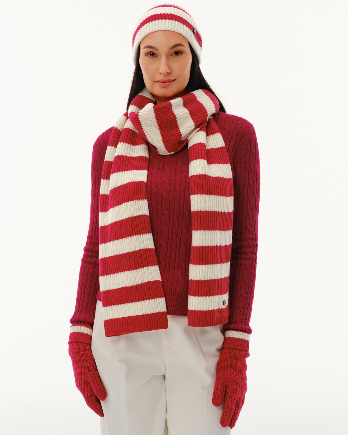 Wool-Cashmere Striped Hat, Scarf &amp; Gloves Set