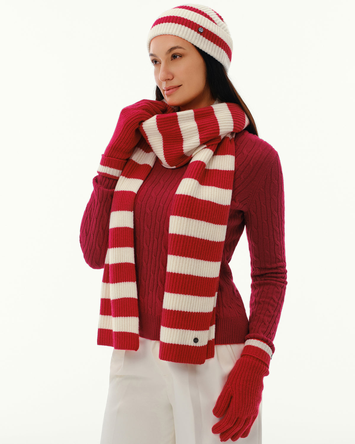 Wool-Cashmere Striped Hat, Scarf &amp; Gloves Set