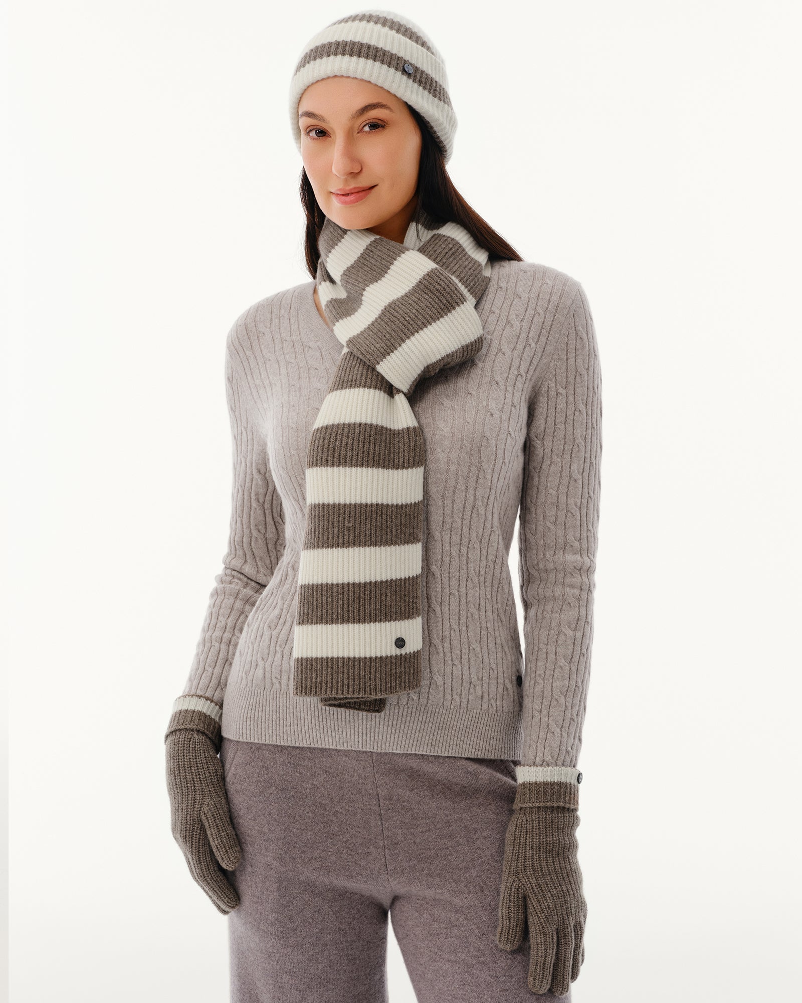 Wool-Cashmere Striped Hat, Scarf &amp; Gloves Set