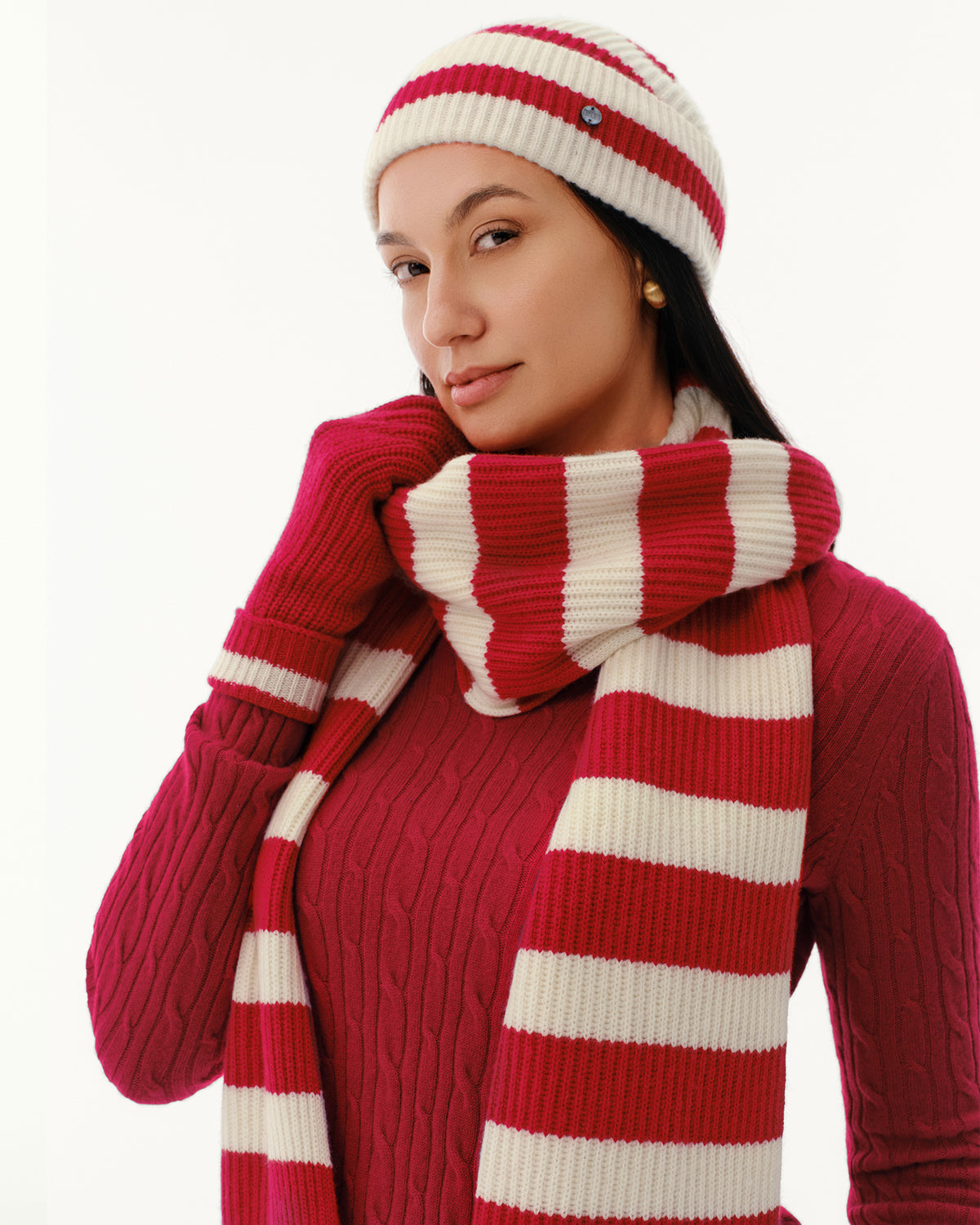 Wool-Cashmere Striped Hat, Scarf &amp; Gloves Set