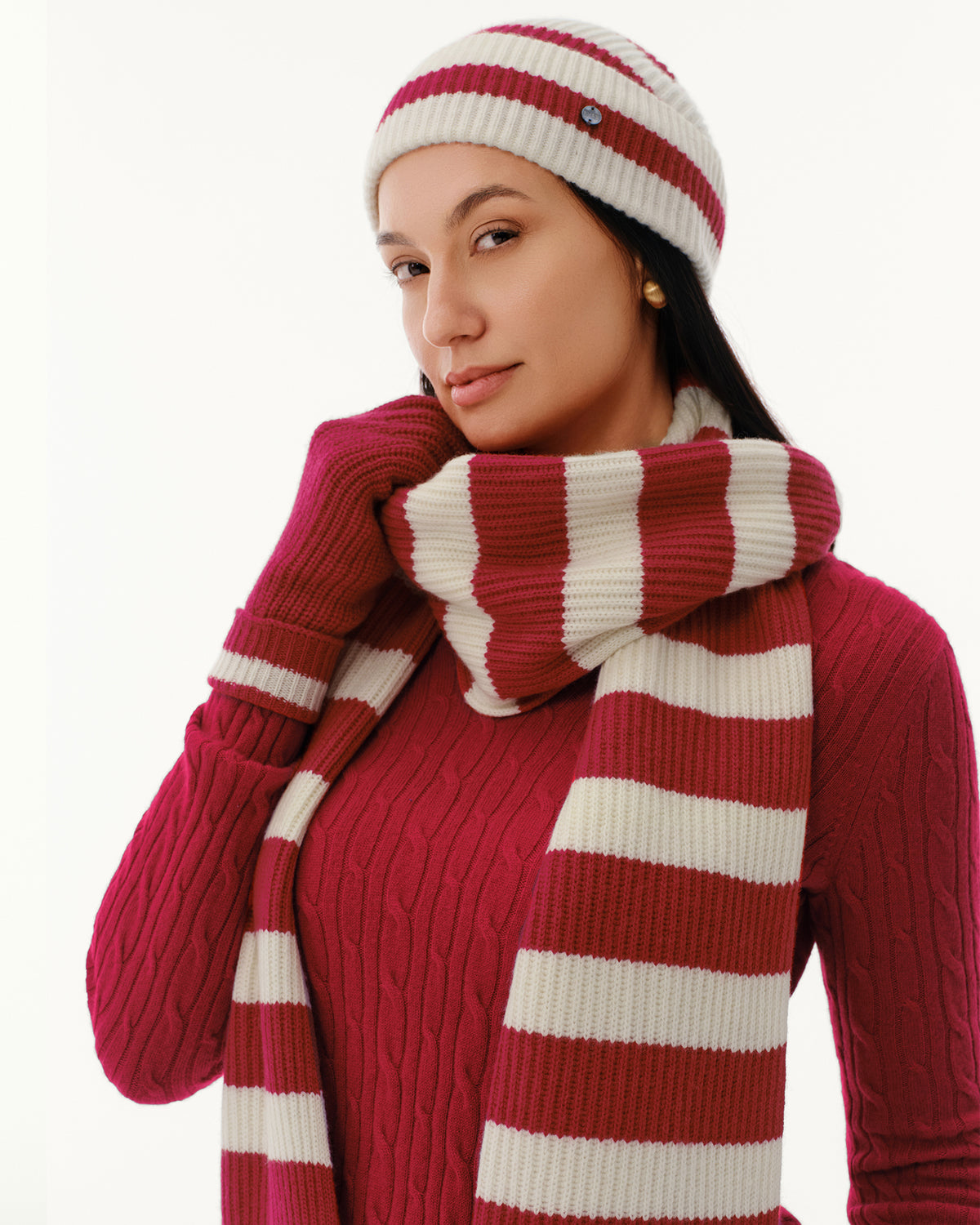 Wool-Cashmere Striped Hat, Scarf &amp; Gloves Set