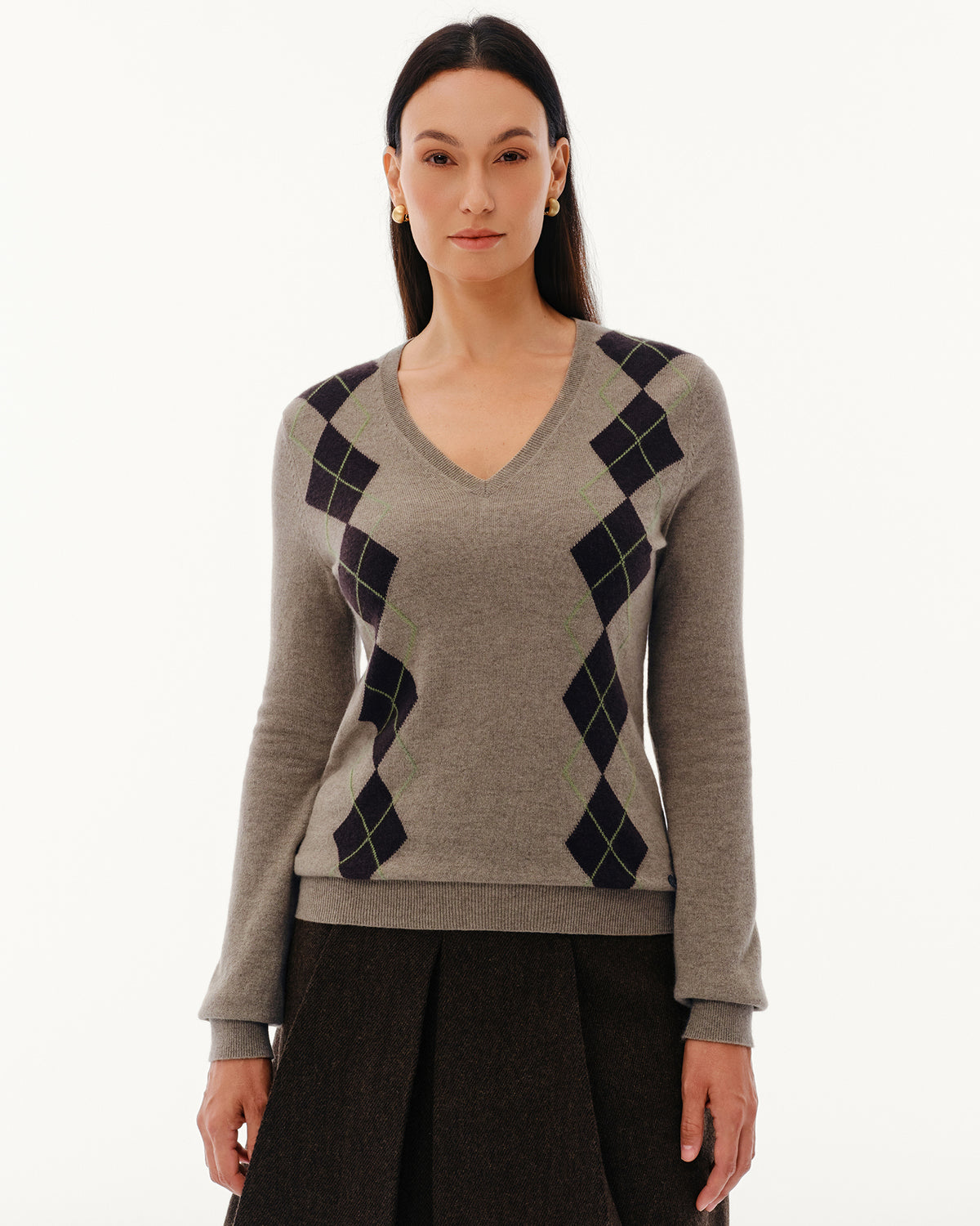 Women's 100% Pure Cashmere Argyle V-Neck Sweater