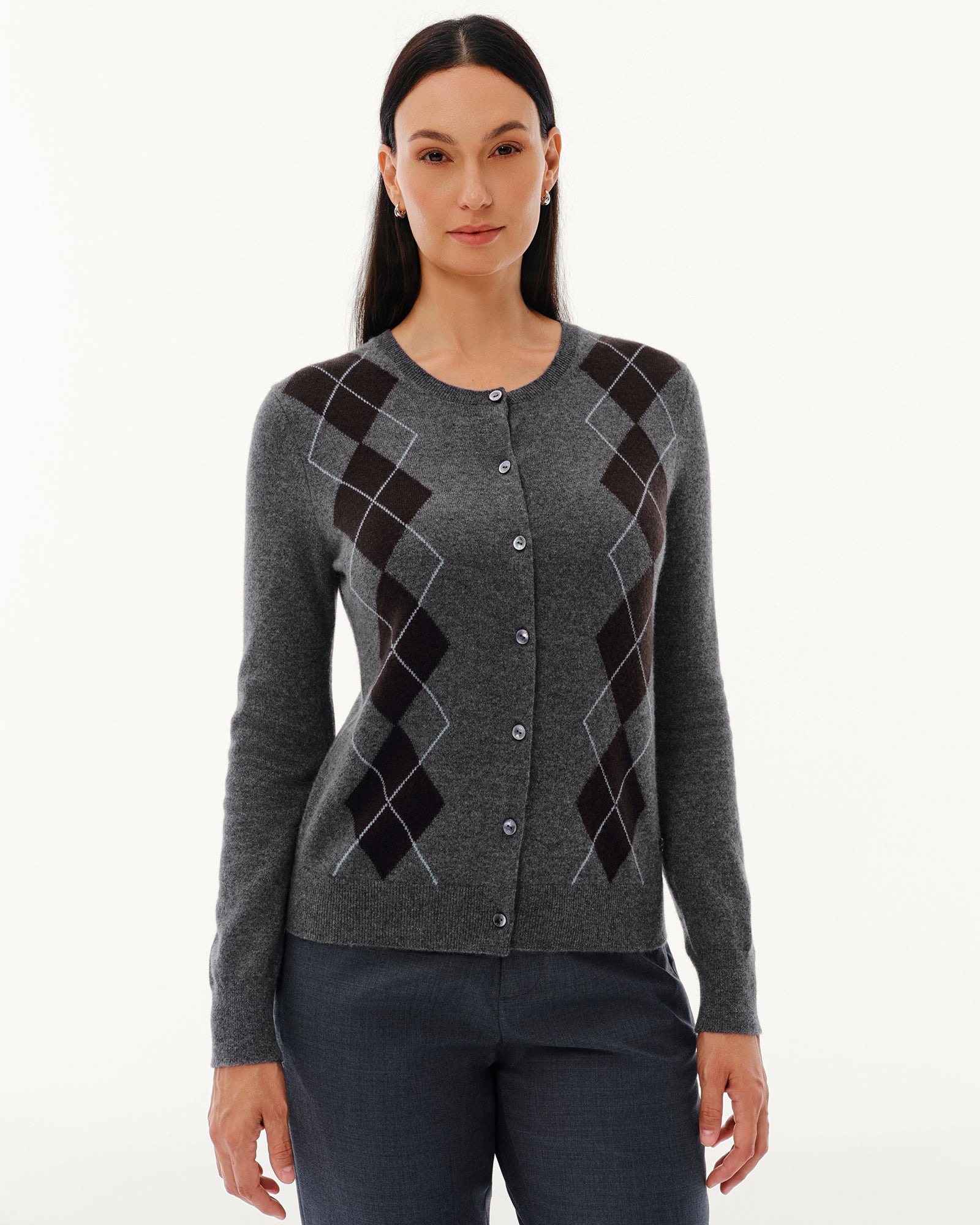 Women's 100% Pure Cashmere Argyle Crew Neck Cardigan