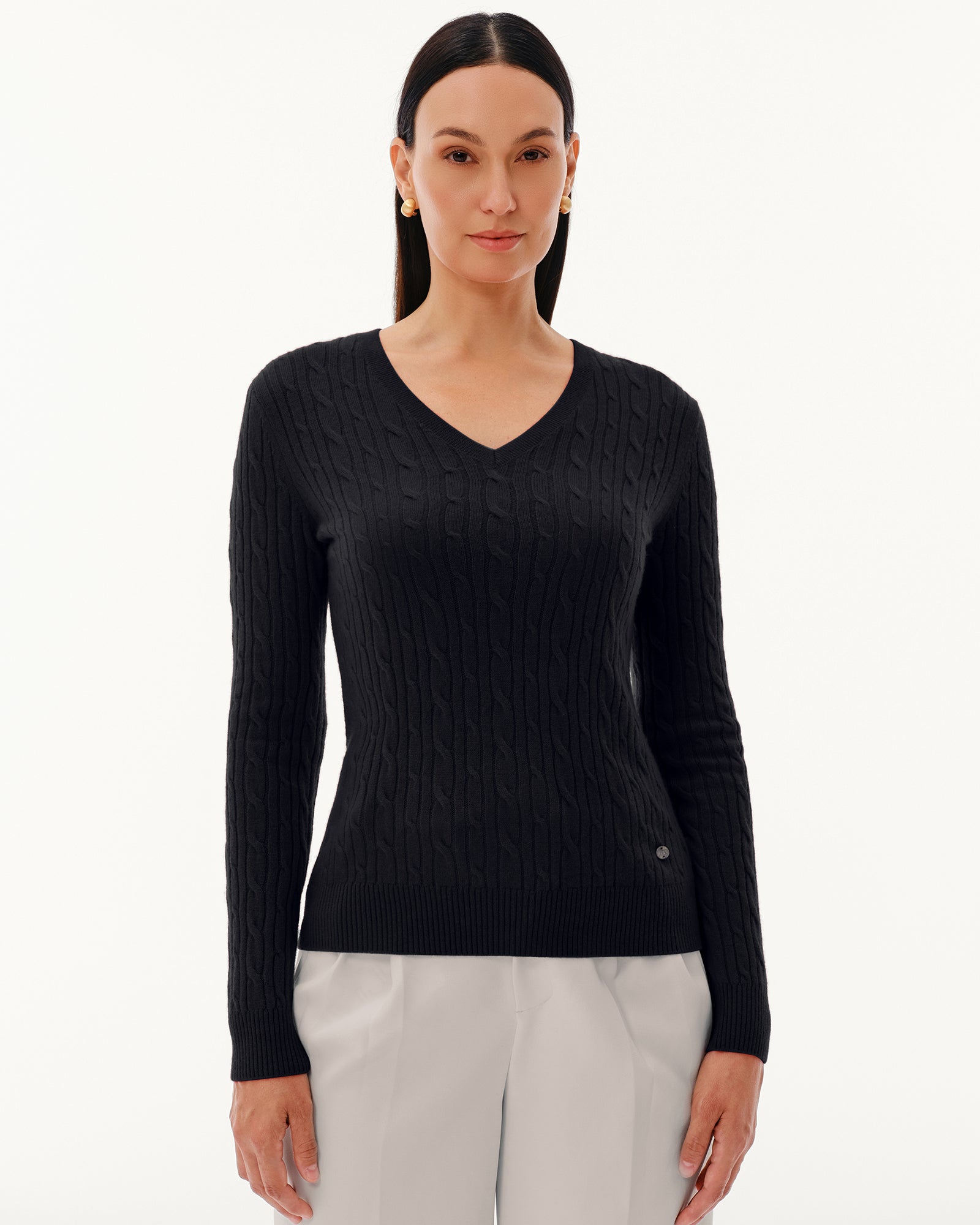 Women's 100% Pure Cashmere Cable Knit V-Neck Sweater