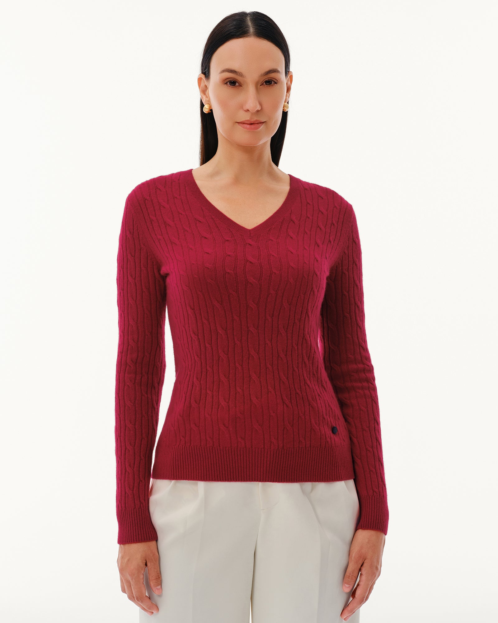 Women's 100% Pure Cashmere Cable Knit V-Neck Sweater