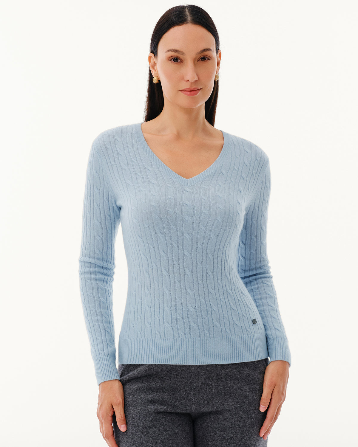 Women's 100% Pure Cashmere Cable Knit V-Neck Sweater