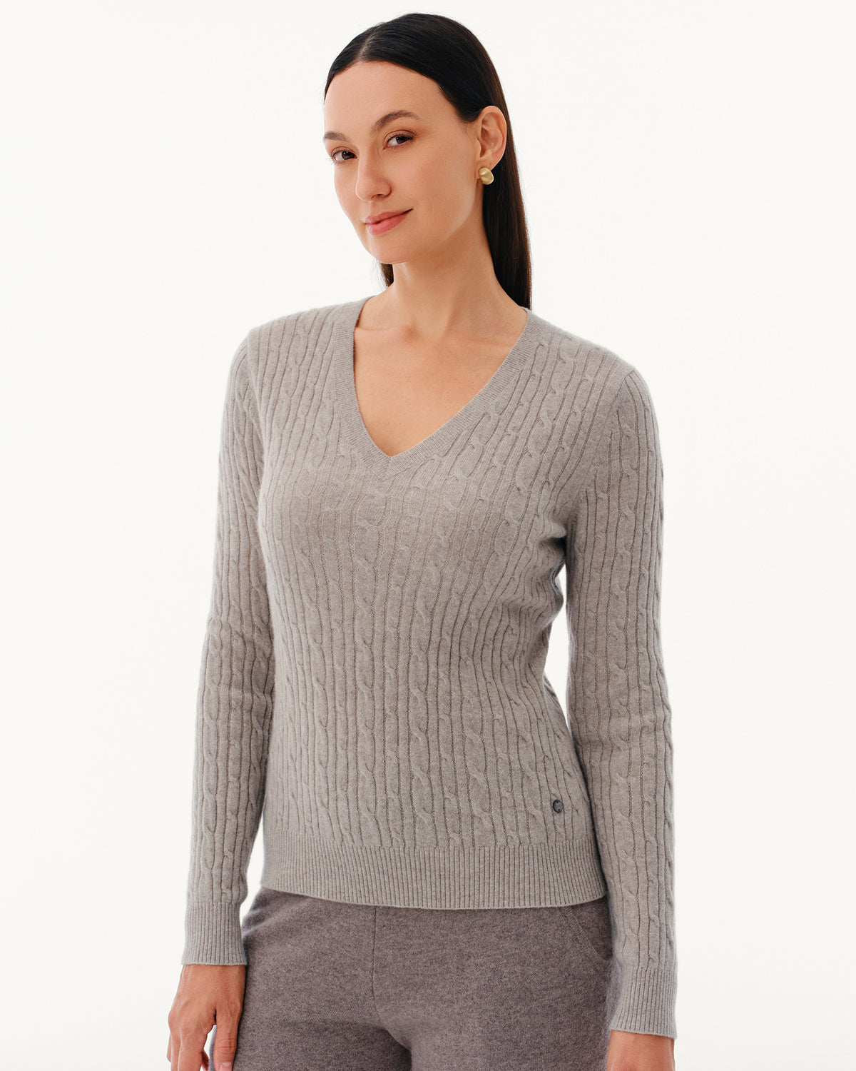 Women's 100% Pure Cashmere Cable Knit V-Neck Sweater