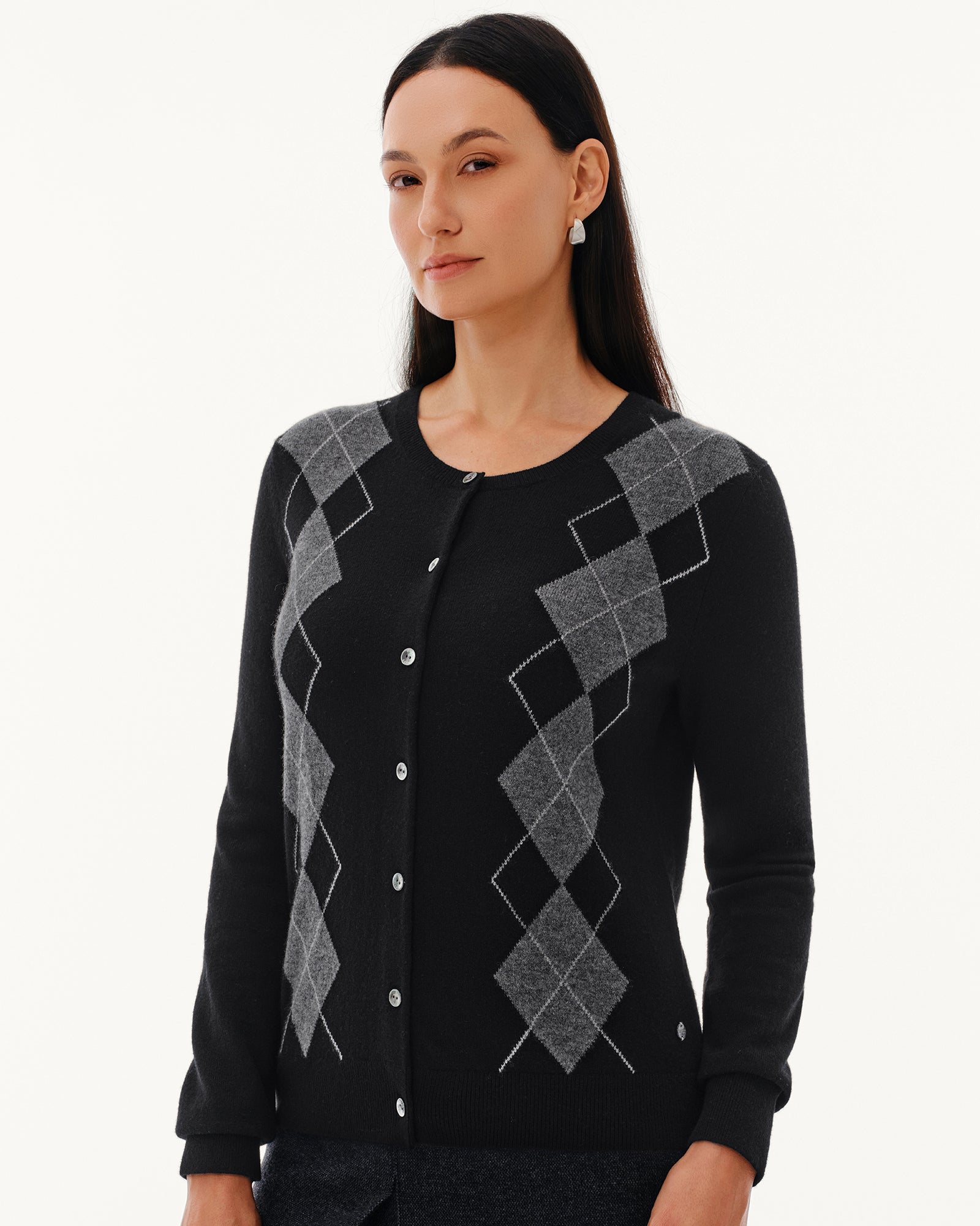 Women's 100% Pure Cashmere Argyle Crew Neck Cardigan