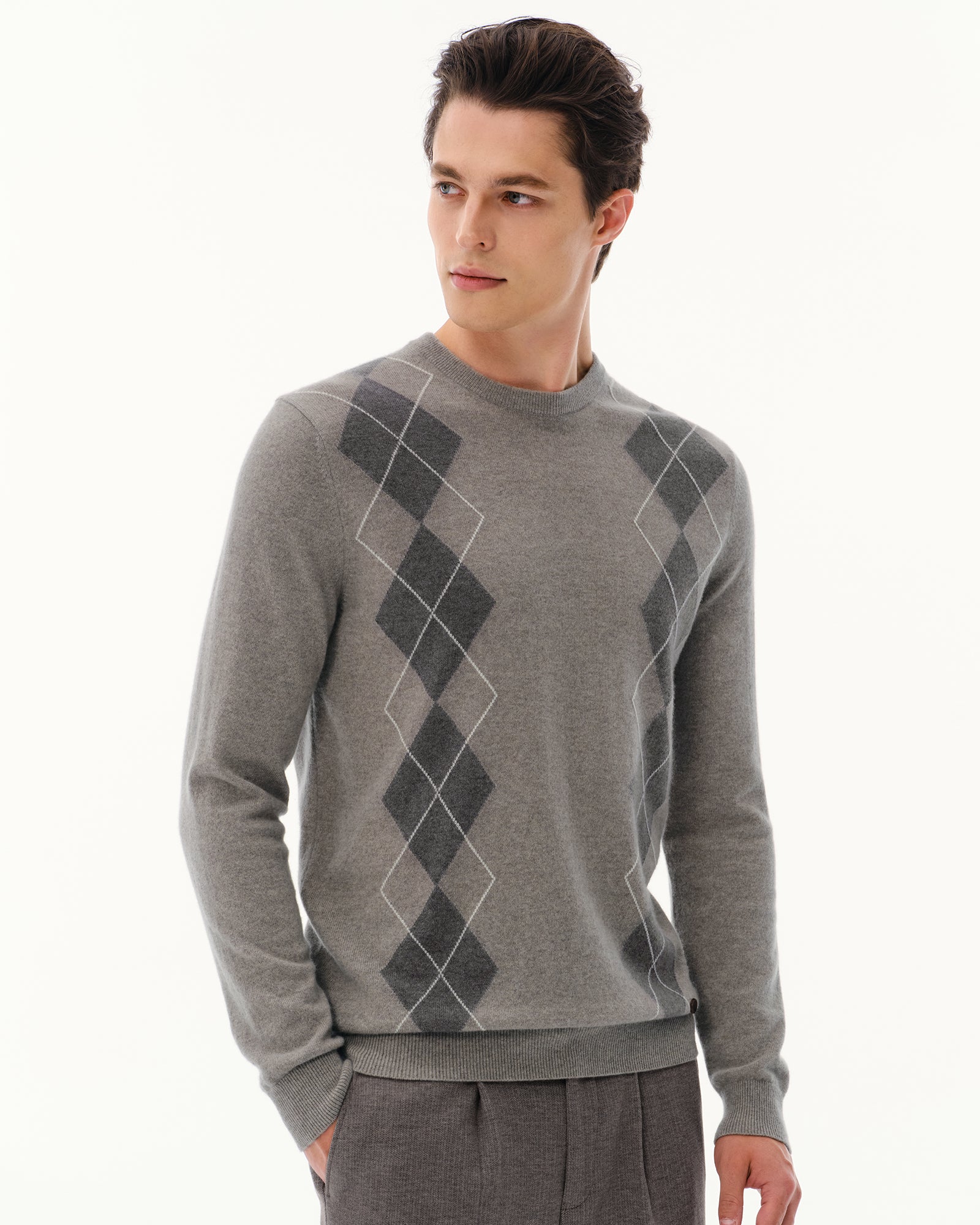 Men's 100% Cashmere Argyle Crew Neck Sweater
