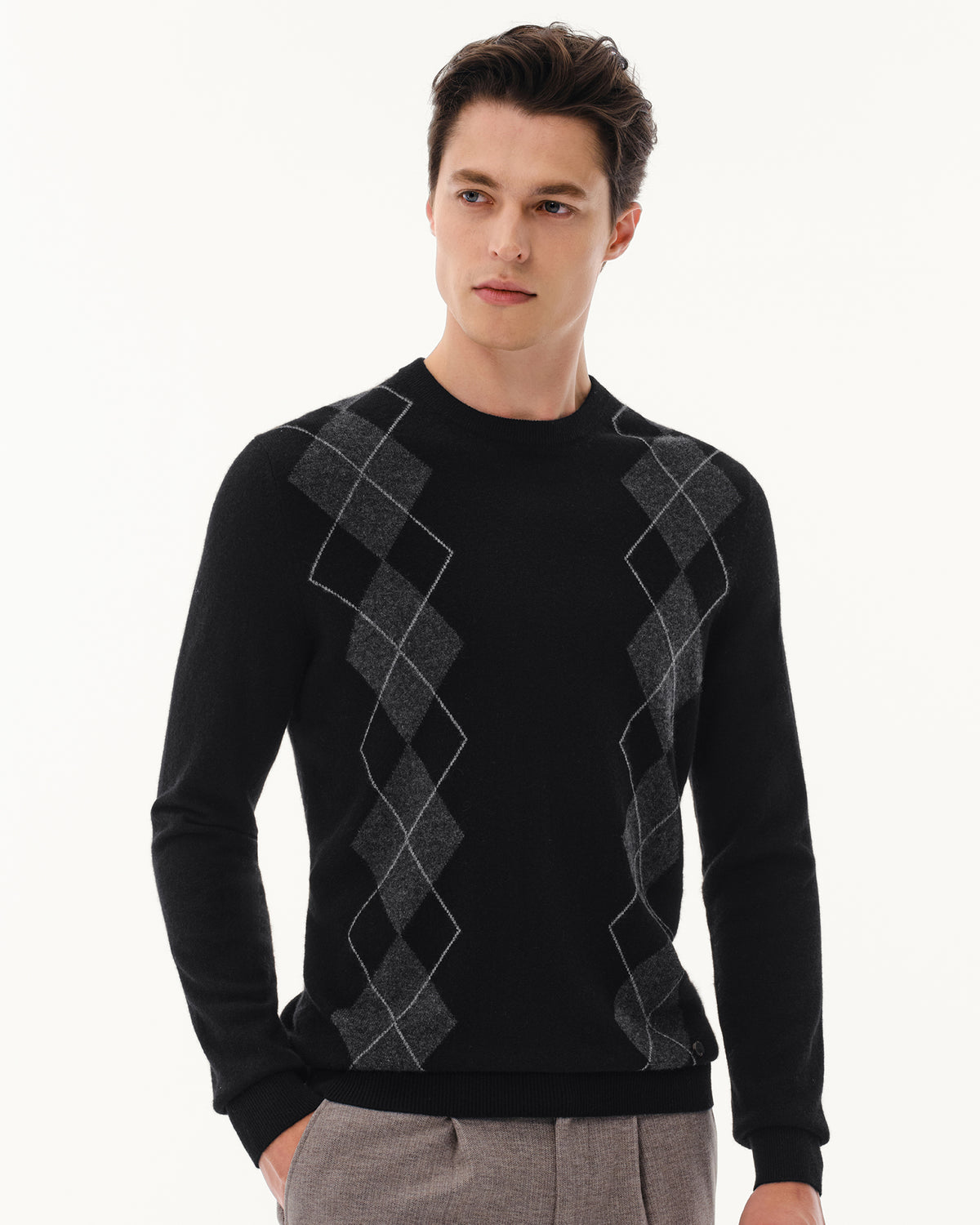 Men's 100% Cashmere Argyle Crew Neck Sweater