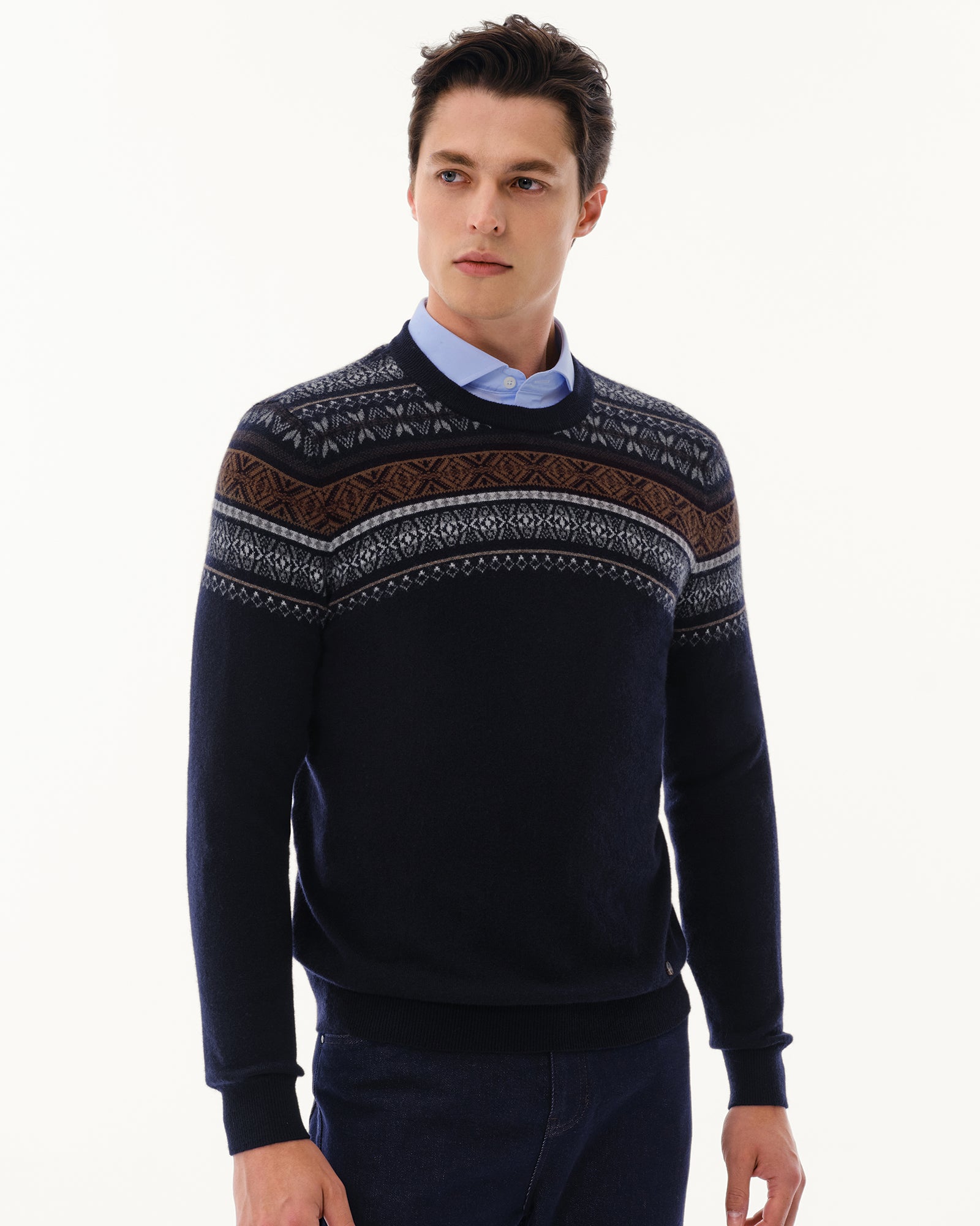 Men's 100% Pure Cashmere Fair Isle Crew Neck Sweater