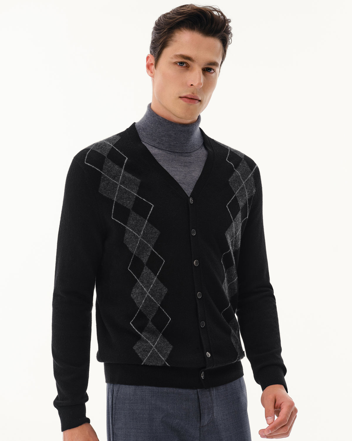 Men's 100% Pure Cashmere Argyle V-Neck Cardigan