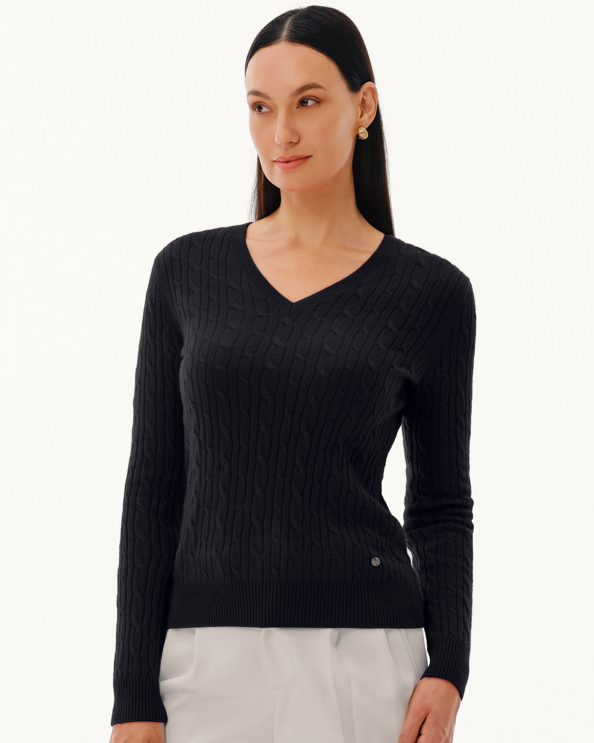 Women's 100% Pure Cashmere Cable Knit V-Neck Sweater