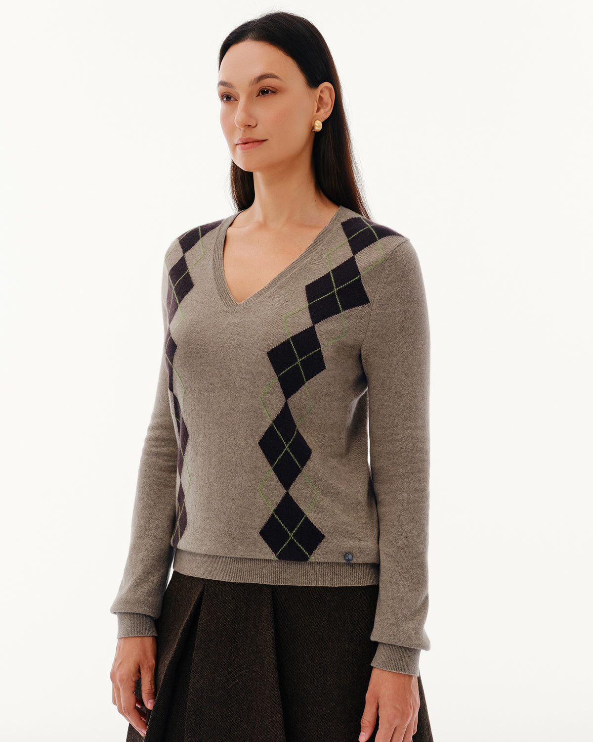 Women's 100% Pure Cashmere Argyle V-Neck Sweater