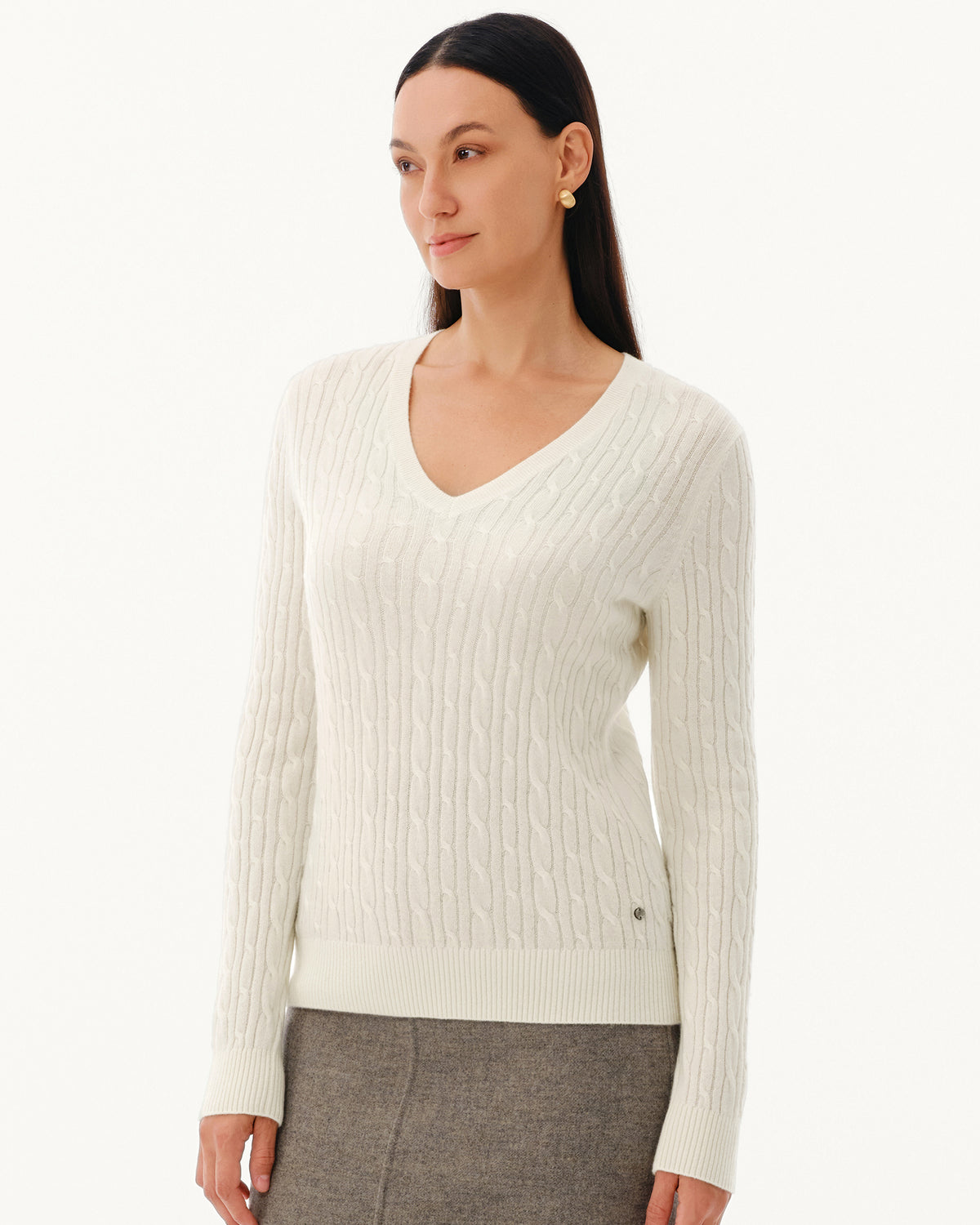 Women's 100% Pure Cashmere Cable Knit V-Neck Sweater
