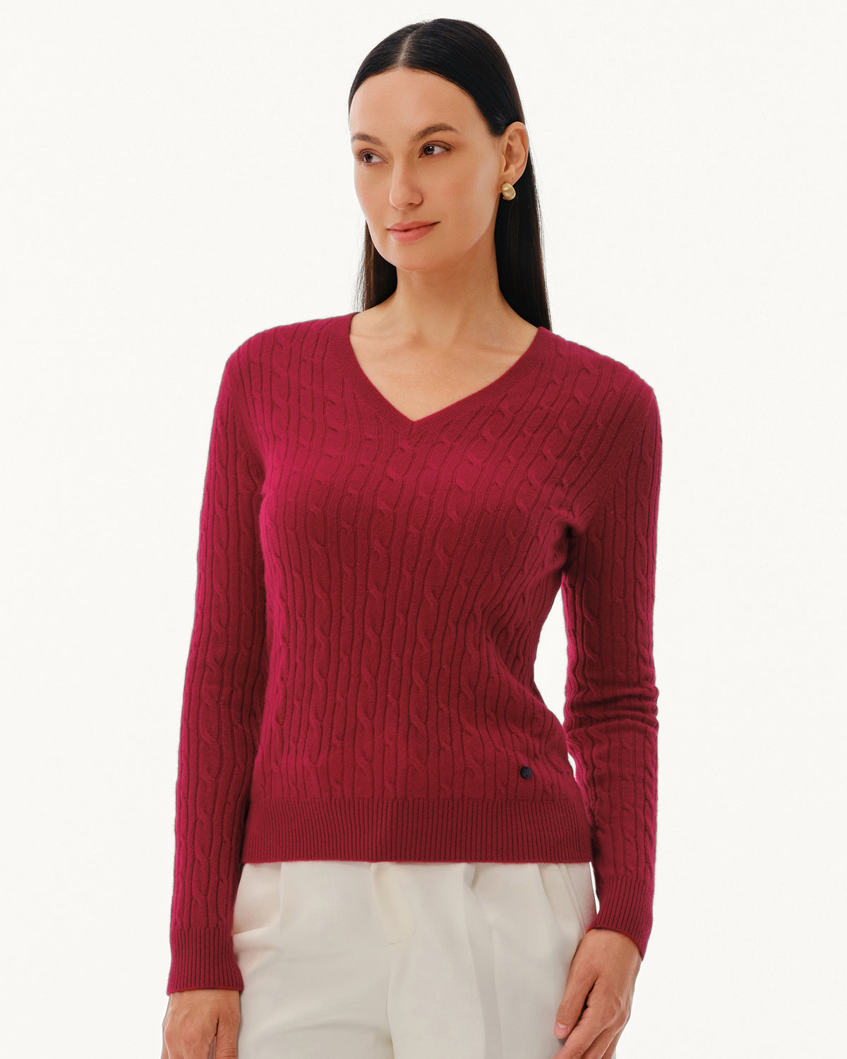 Women's 100% Pure Cashmere Cable Knit V-Neck Sweater