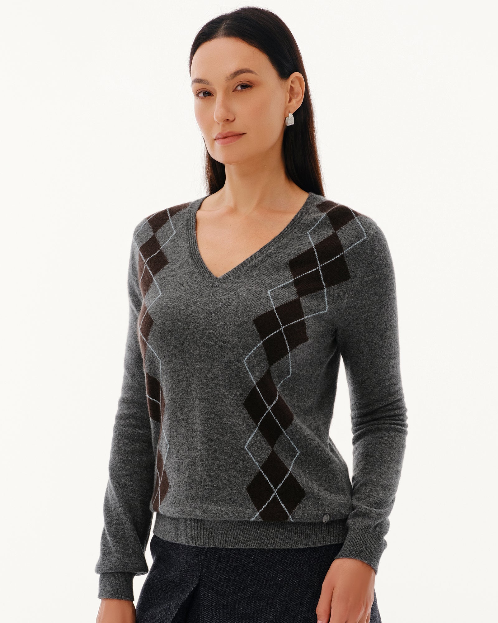 Women's 100% Pure Cashmere Argyle V-Neck Sweater