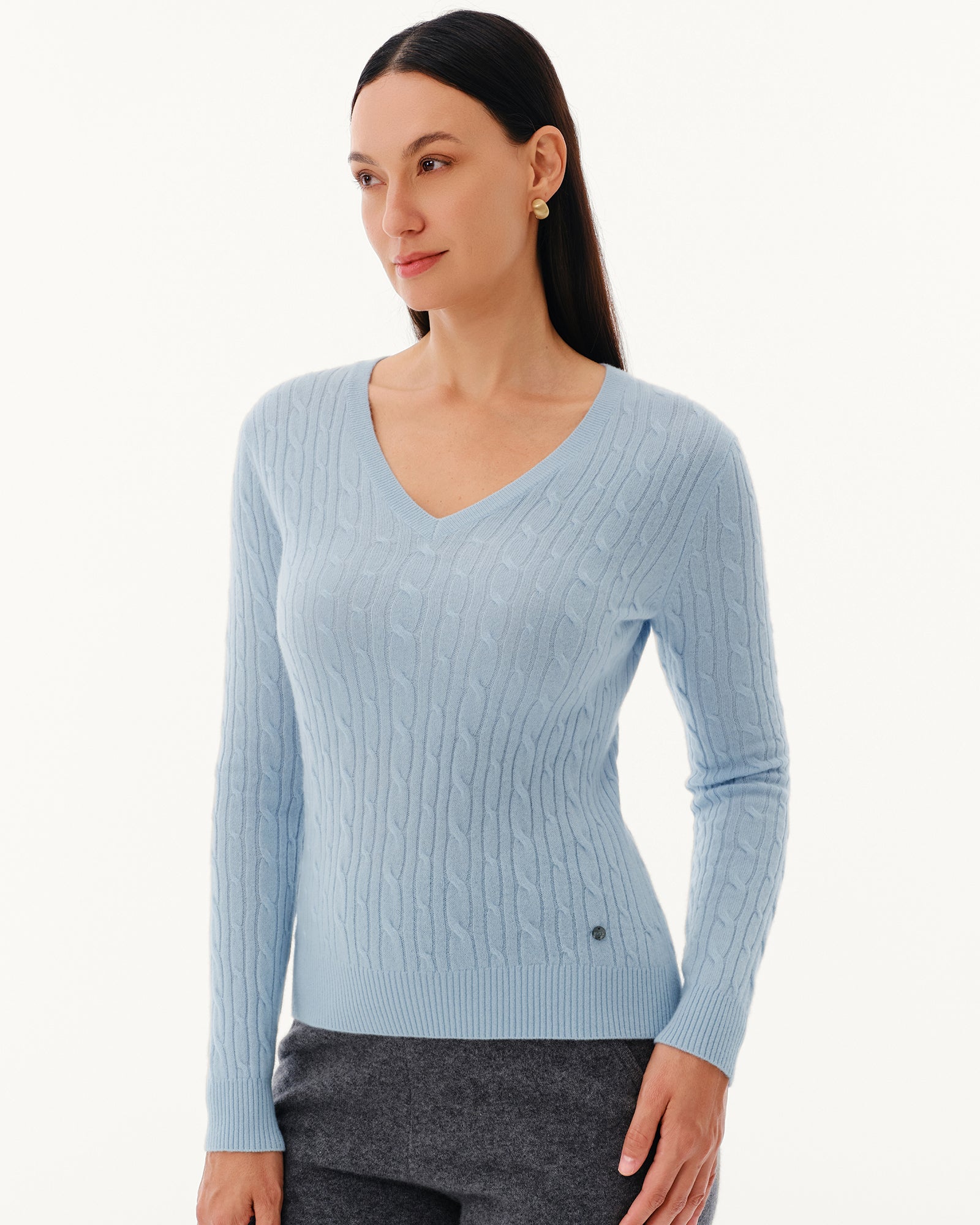 Women's 100% Pure Cashmere Cable Knit V-Neck Sweater