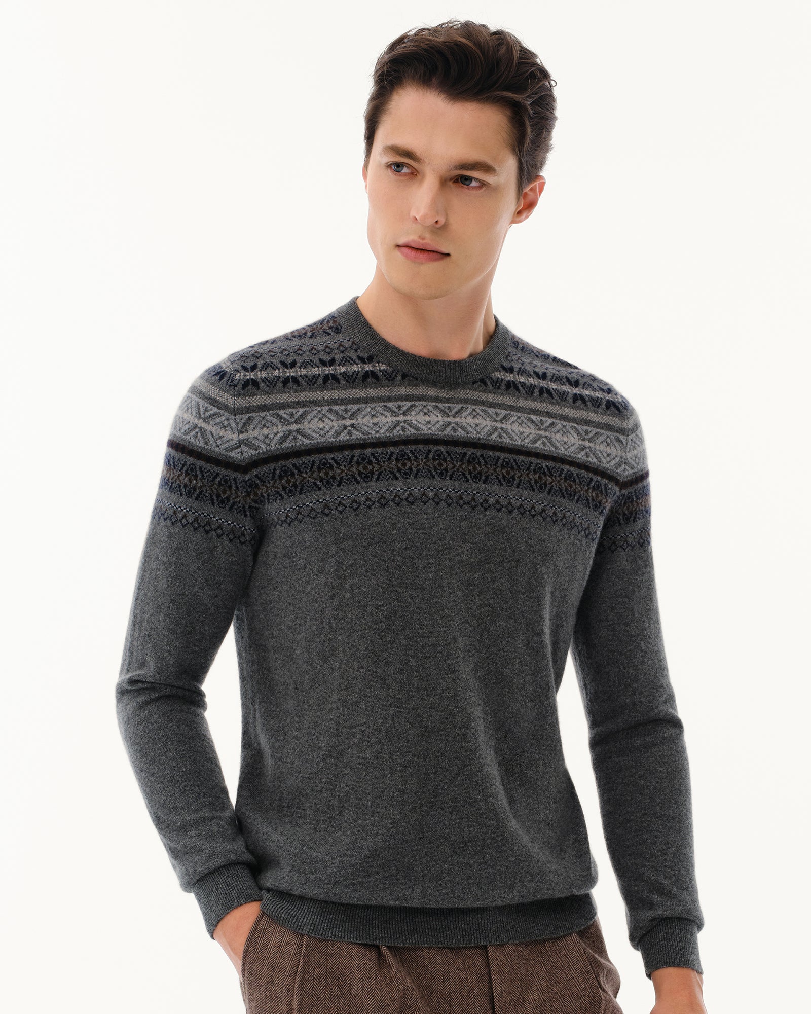 Men's 100% Pure Cashmere Fair Isle Crew Neck Sweater