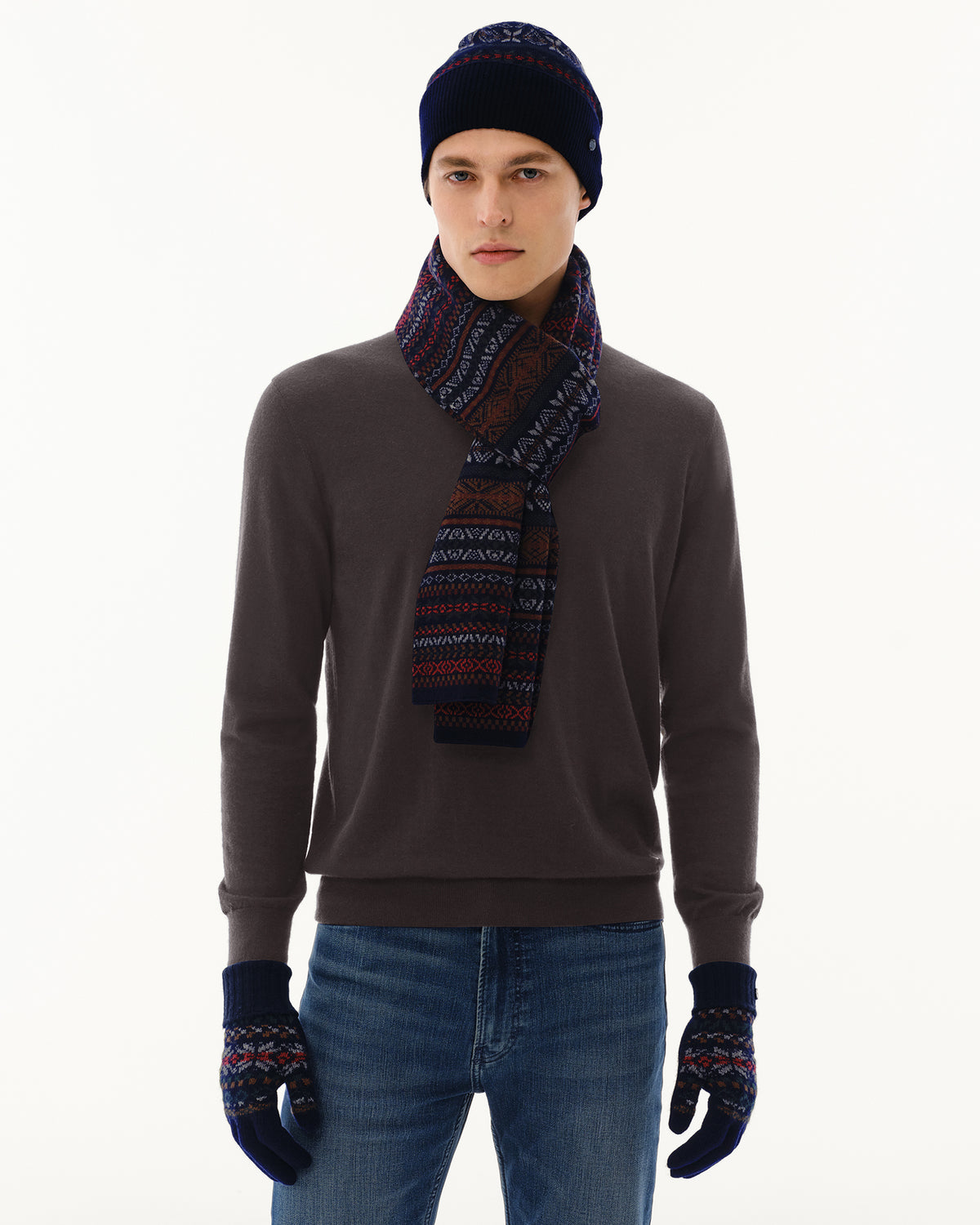 Men's Wool-Cashmere Fair Isle Hat, Scarf &amp; Gloves Set