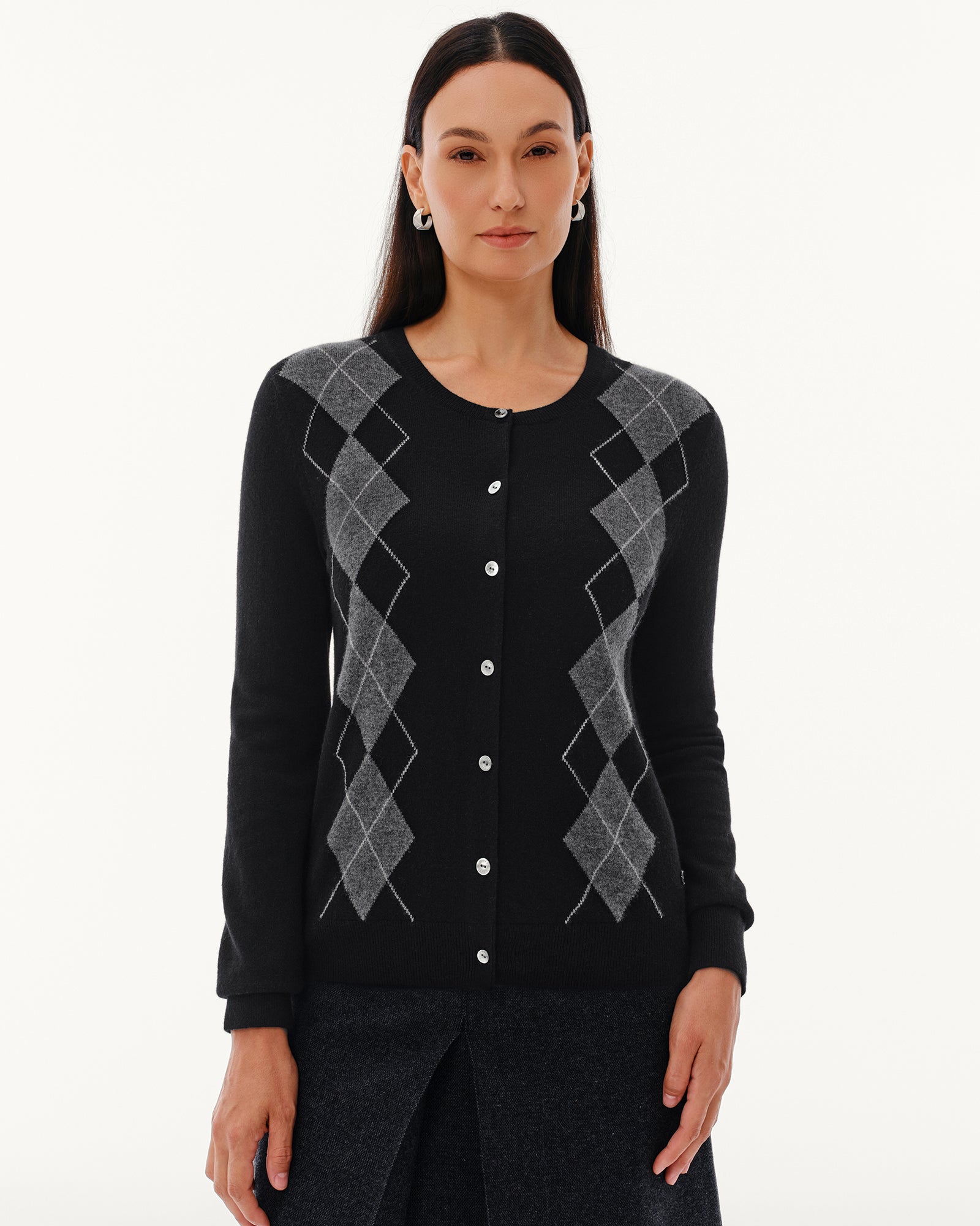 Women's 100% Pure Cashmere Argyle Crew Neck Cardigan