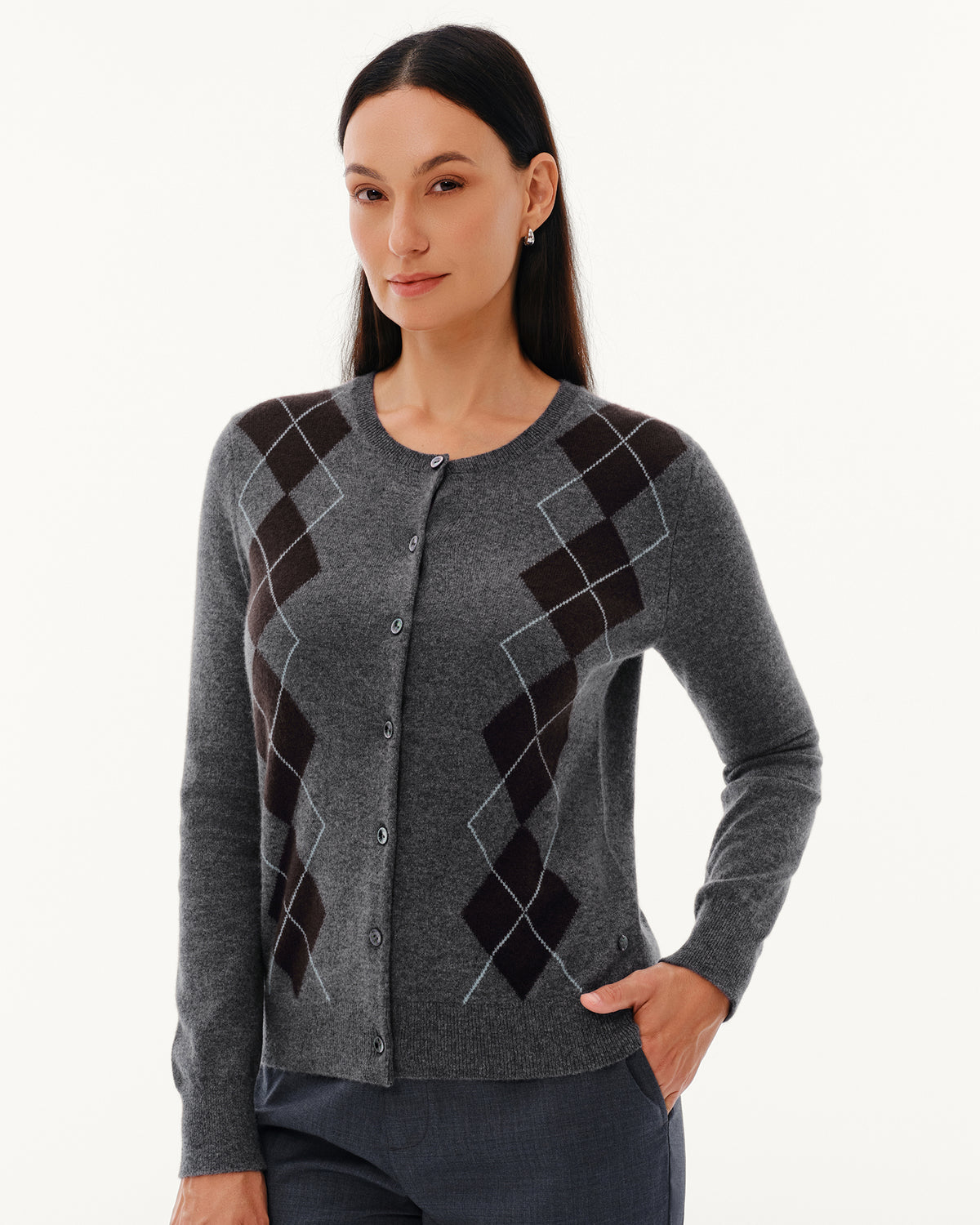 Women's 100% Pure Cashmere Argyle Crew Neck Cardigan