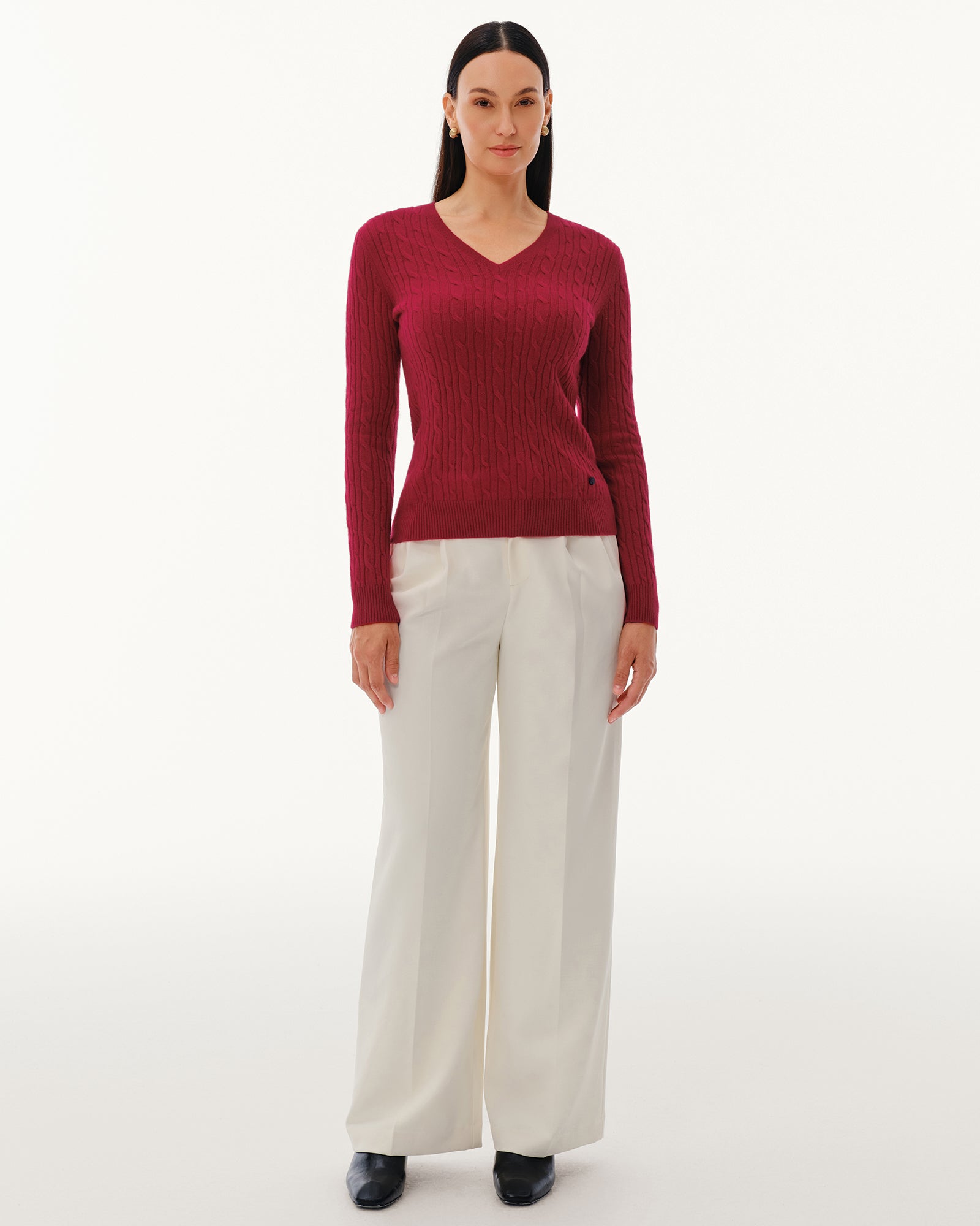 Women's 100% Pure Cashmere Cable Knit V-Neck Sweater