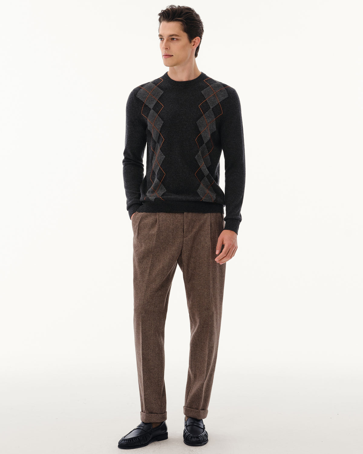 Men's 100% Cashmere Argyle Crew Neck Sweater