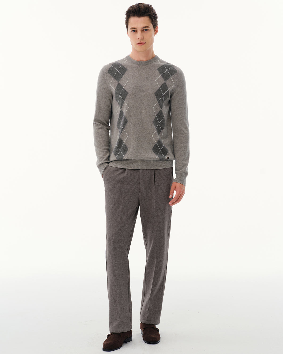 Men's 100% Cashmere Argyle Crew Neck Sweater