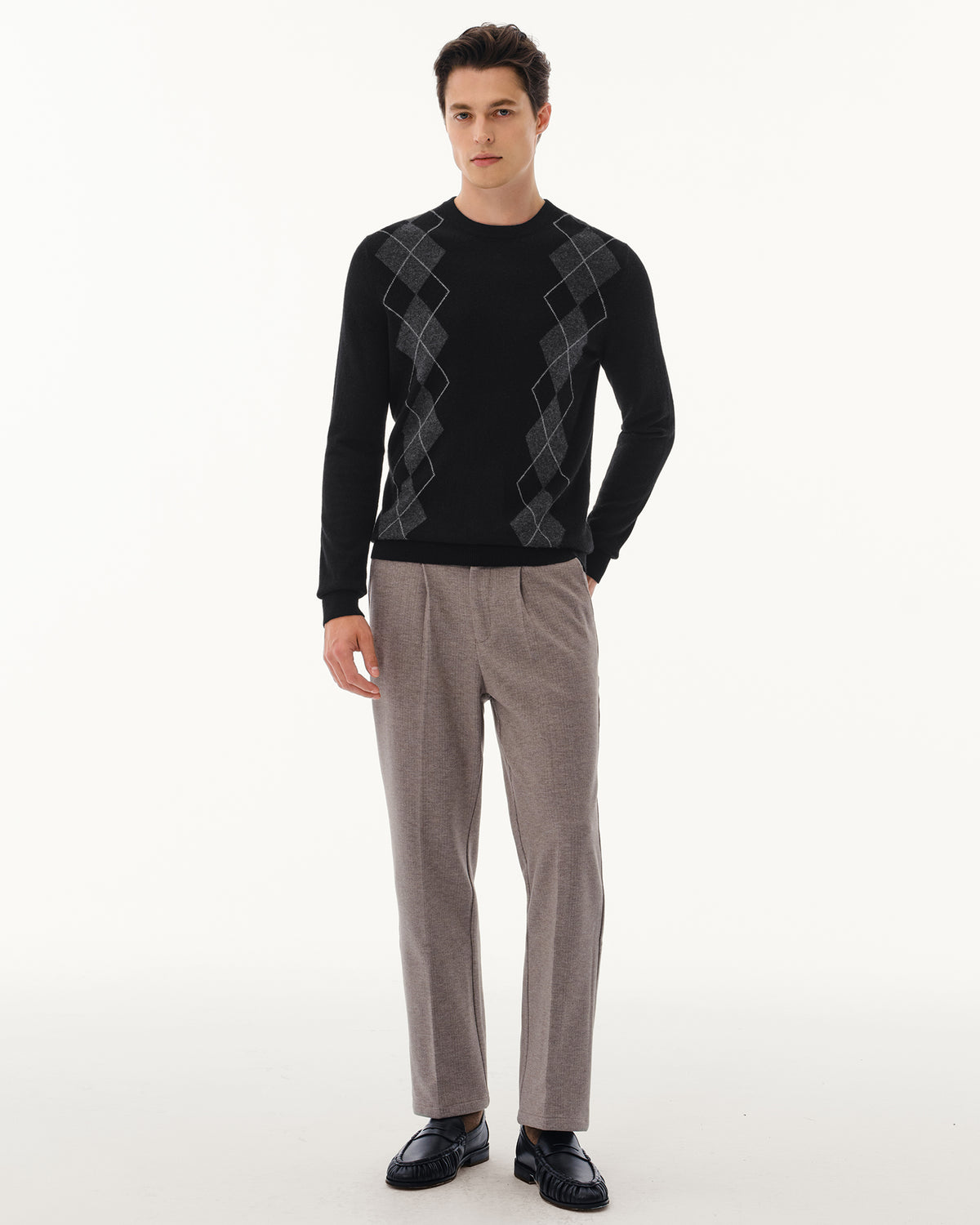 Men's 100% Cashmere Argyle Crew Neck Sweater