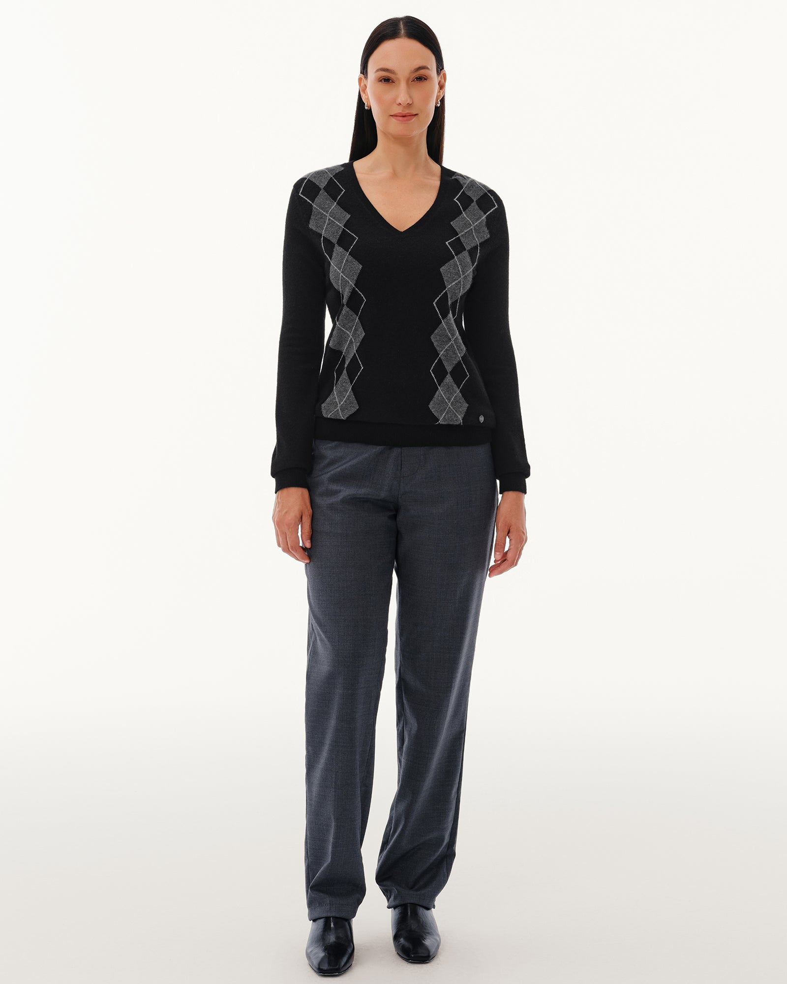 Women's 100% Pure Cashmere Argyle V-Neck Sweater
