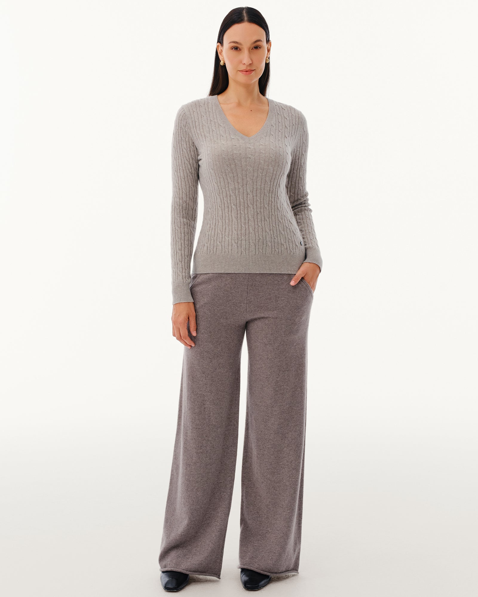 Women's 100% Pure Cashmere Cable Knit V-Neck Sweater