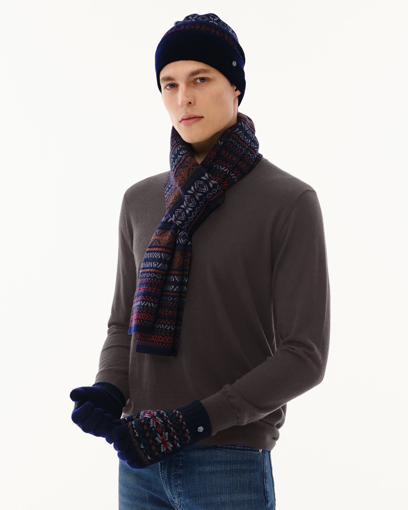 Men's Wool-Cashmere Fair Isle Hat, Scarf &amp; Gloves Set