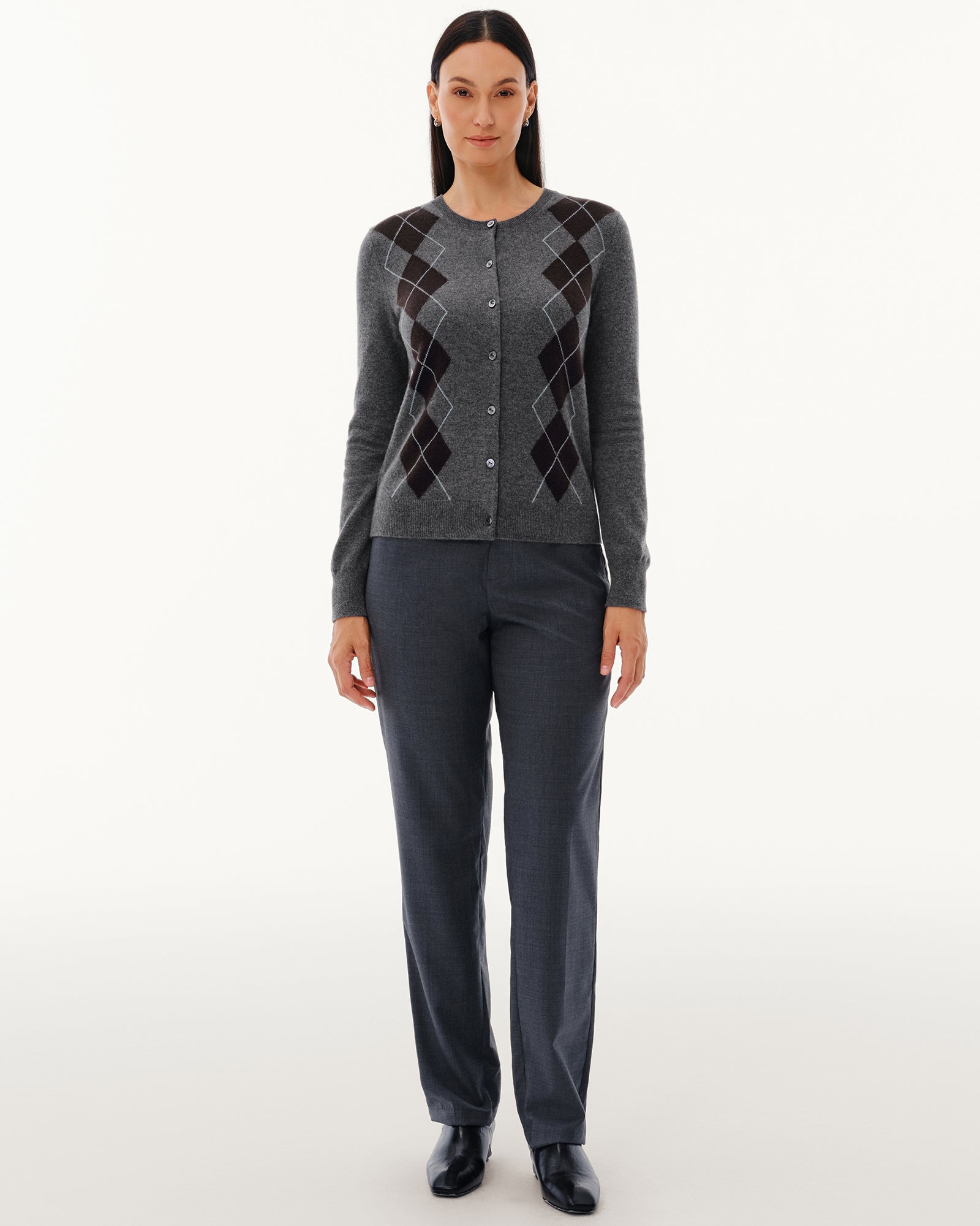 Women's 100% Pure Cashmere Argyle Crew Neck Cardigan