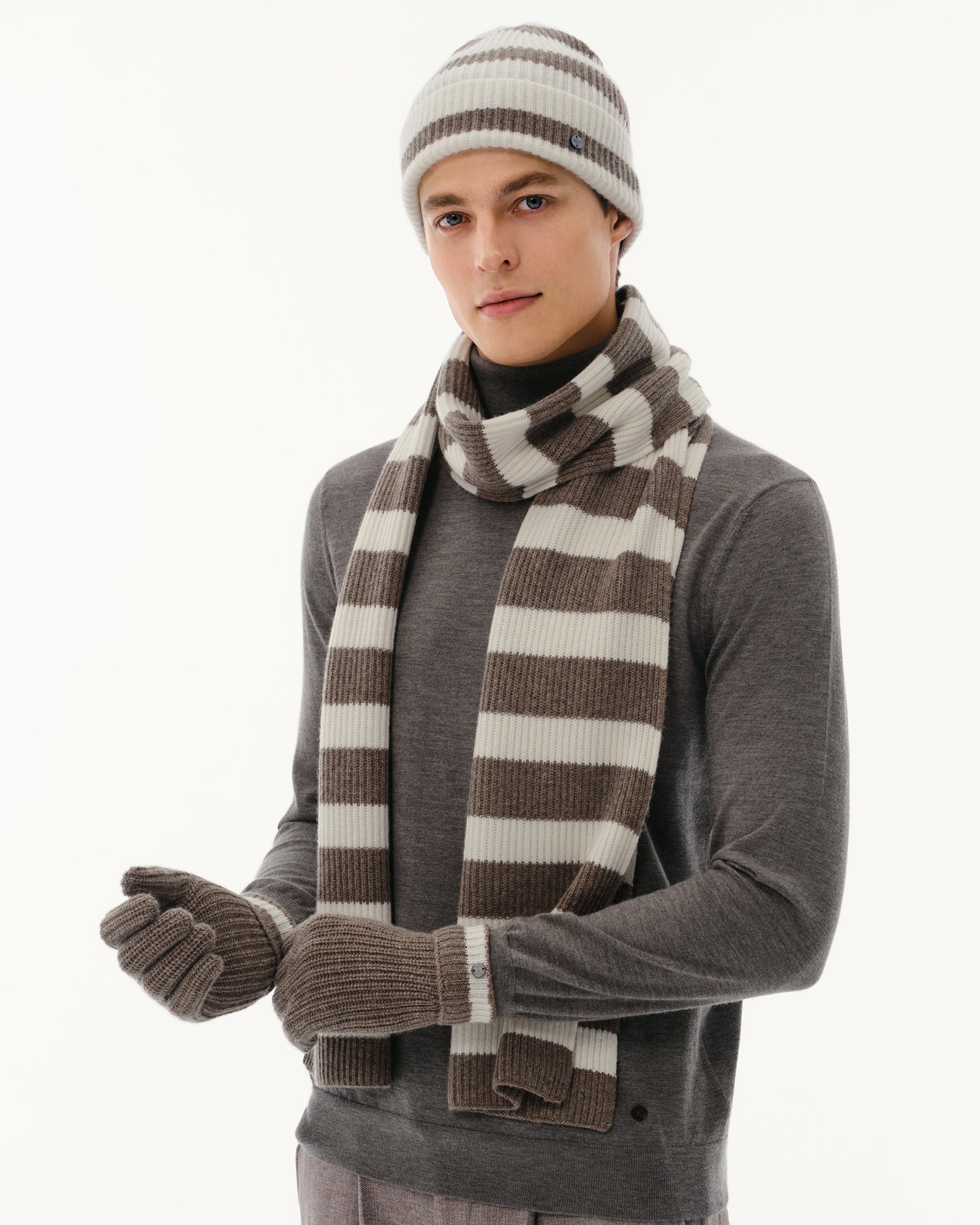 Wool-Cashmere Striped Hat, Scarf &amp; Gloves Set