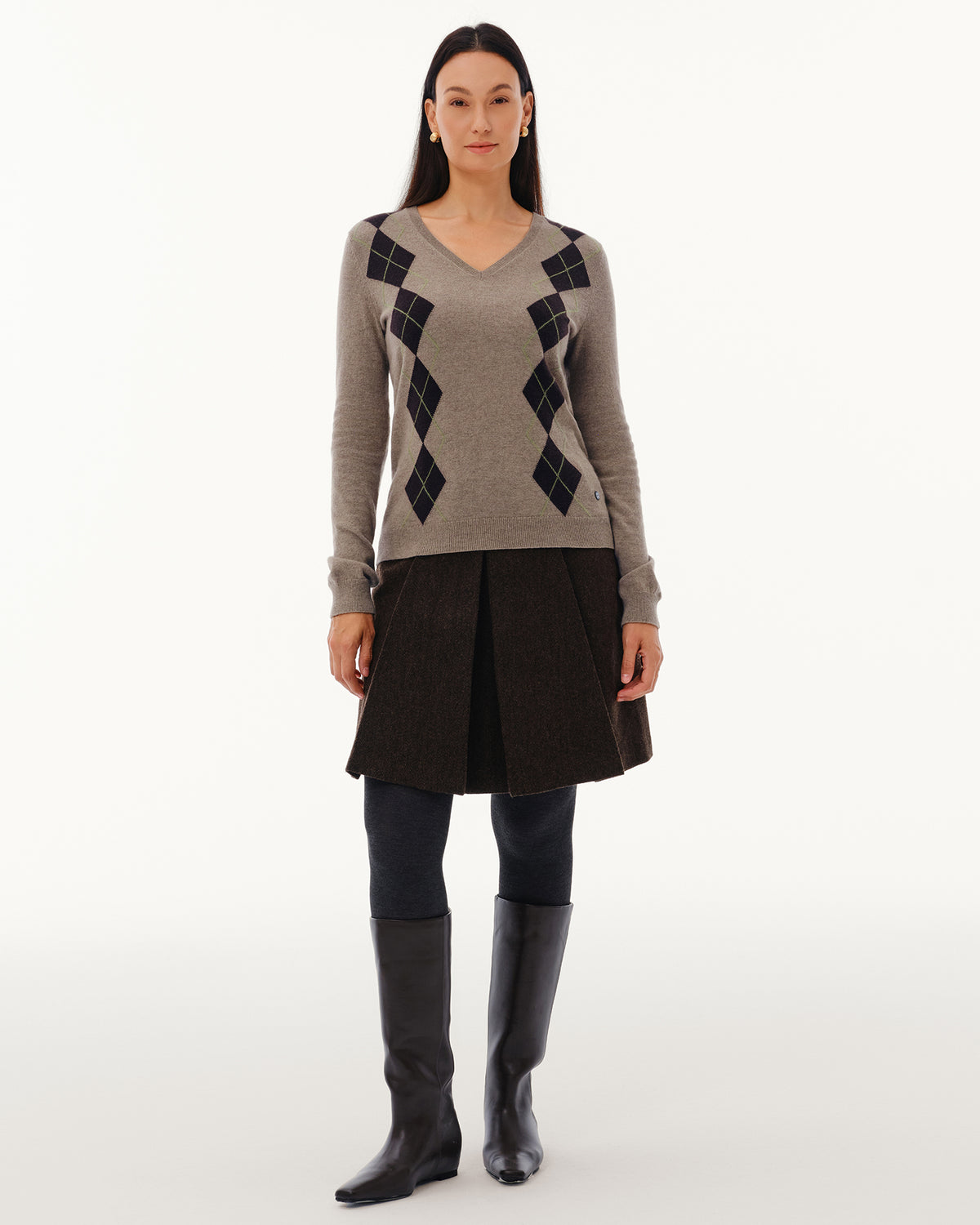 Women's 100% Pure Cashmere Argyle V-Neck Sweater