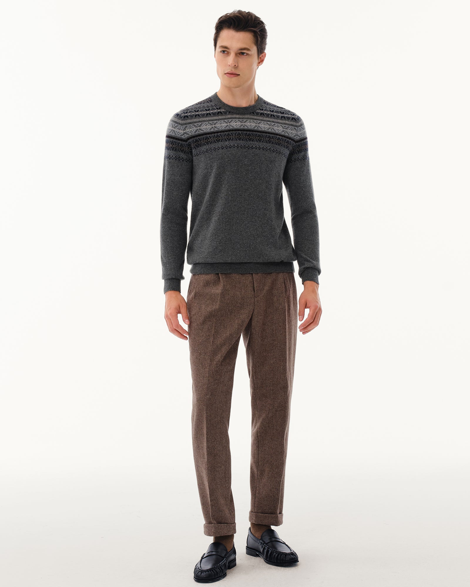 Men's 100% Pure Cashmere Fair Isle Crew Neck Sweater
