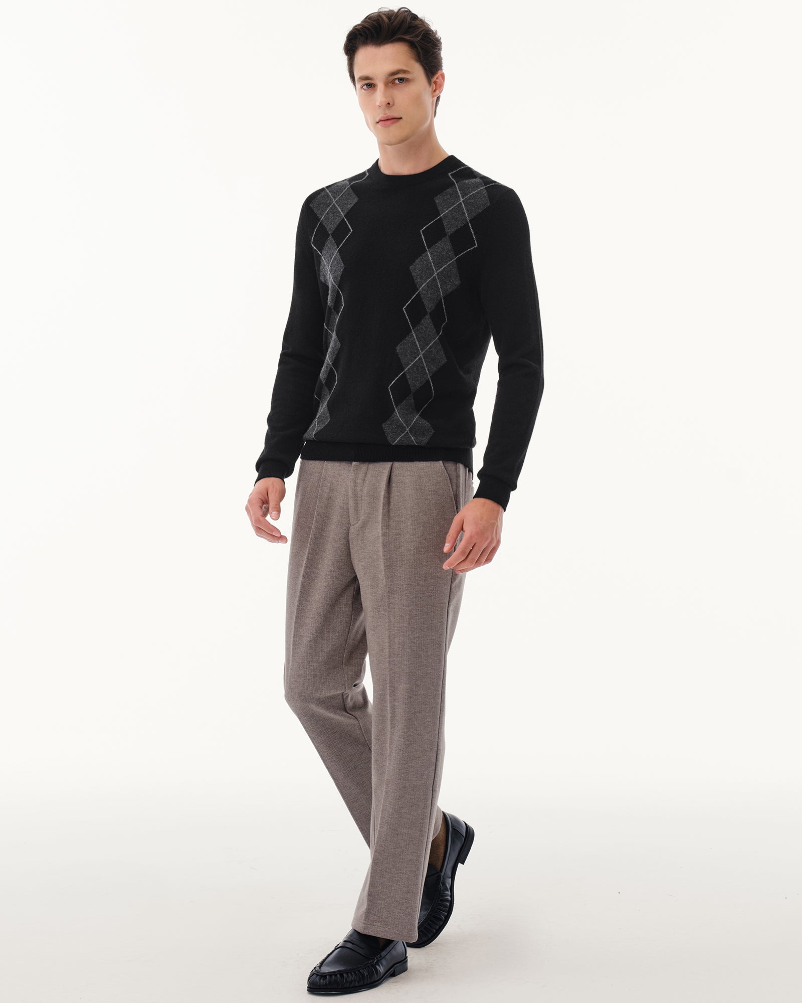 Men's 100% Cashmere Argyle Crew Neck Sweater