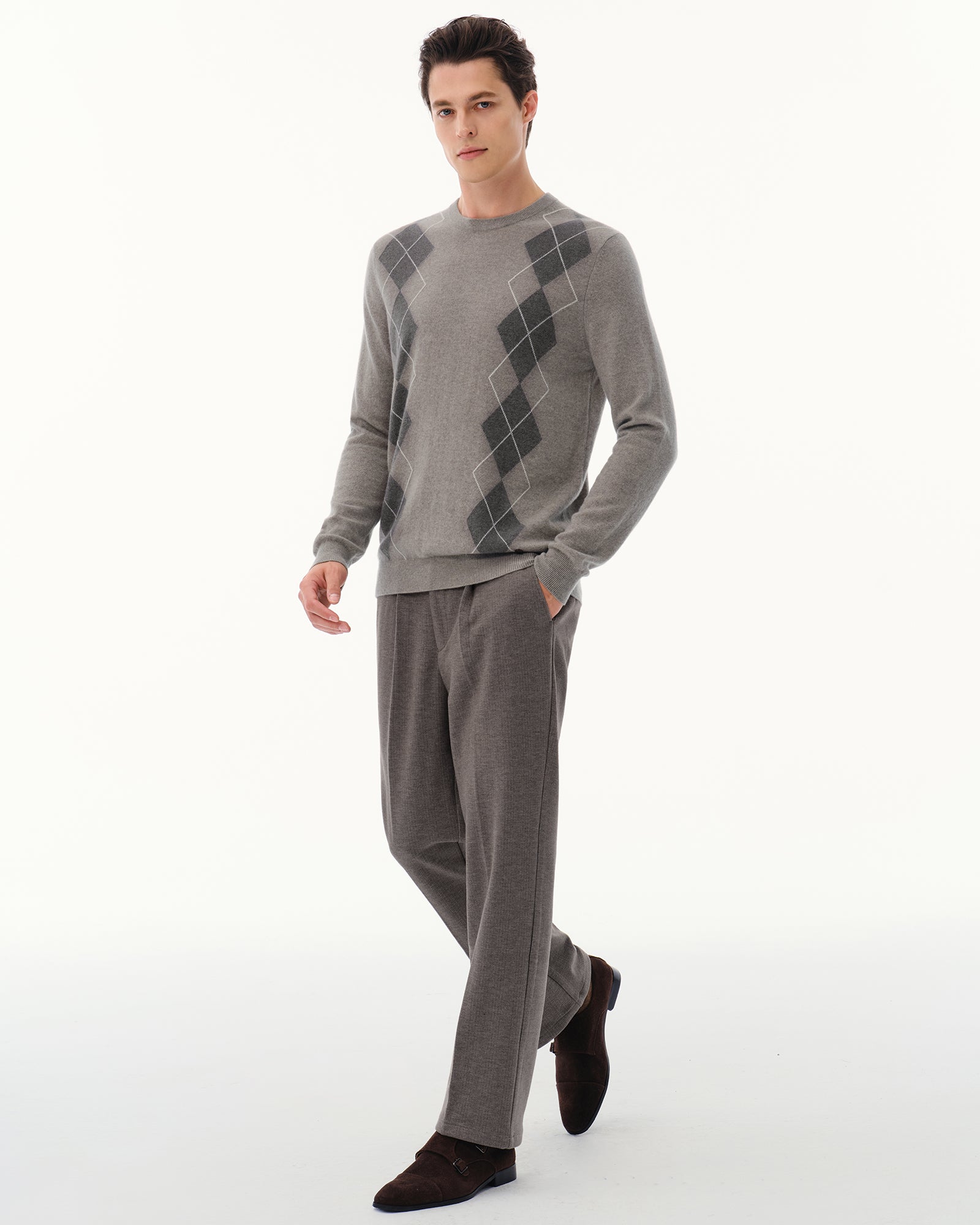 Men's 100% Cashmere Argyle Crew Neck Sweater
