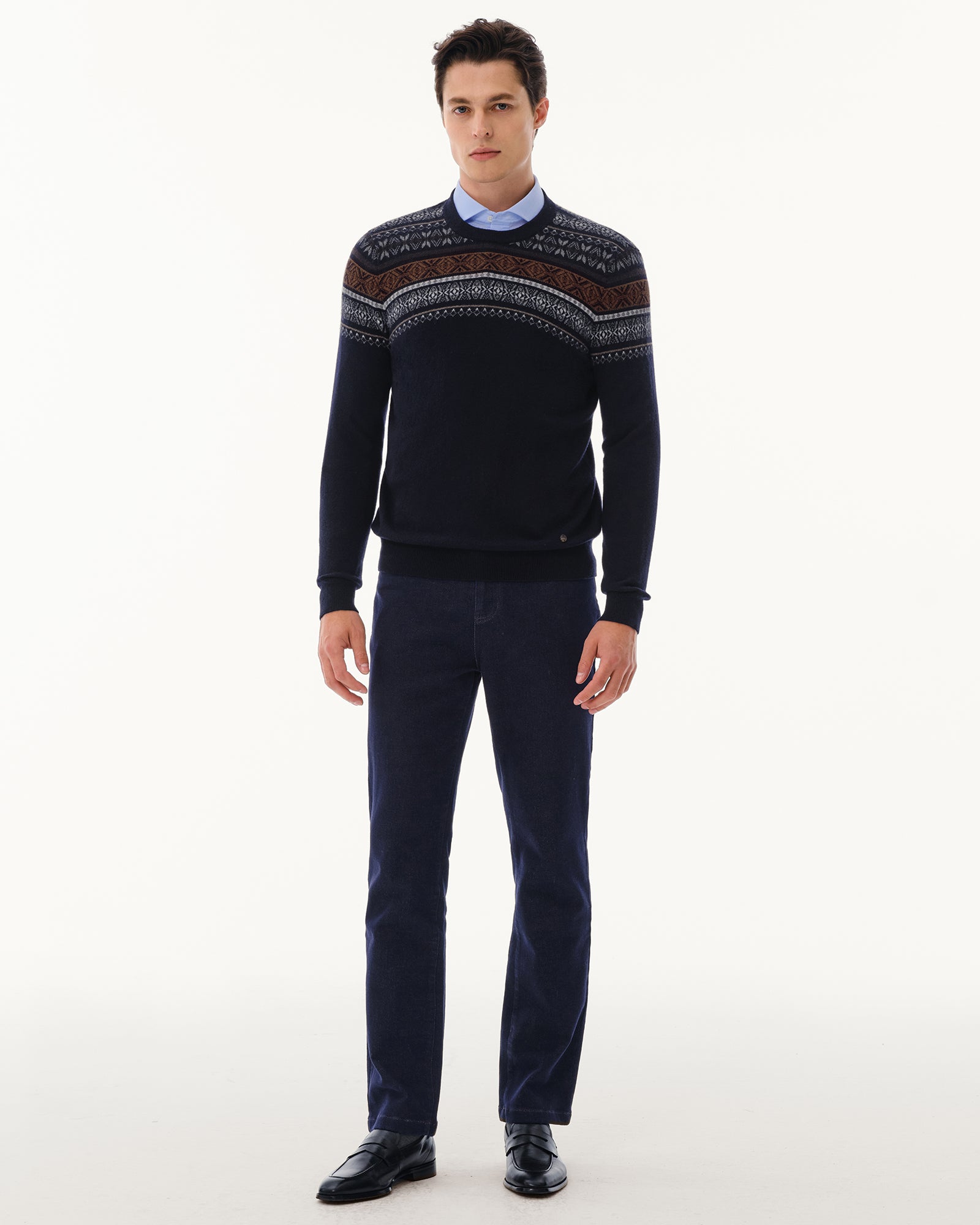 Men's 100% Pure Cashmere Fair Isle Crew Neck Sweater