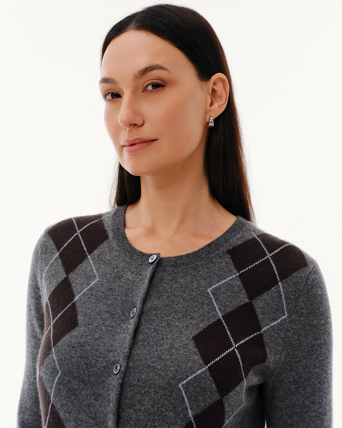 Women's 100% Pure Cashmere Argyle Crew Neck Cardigan