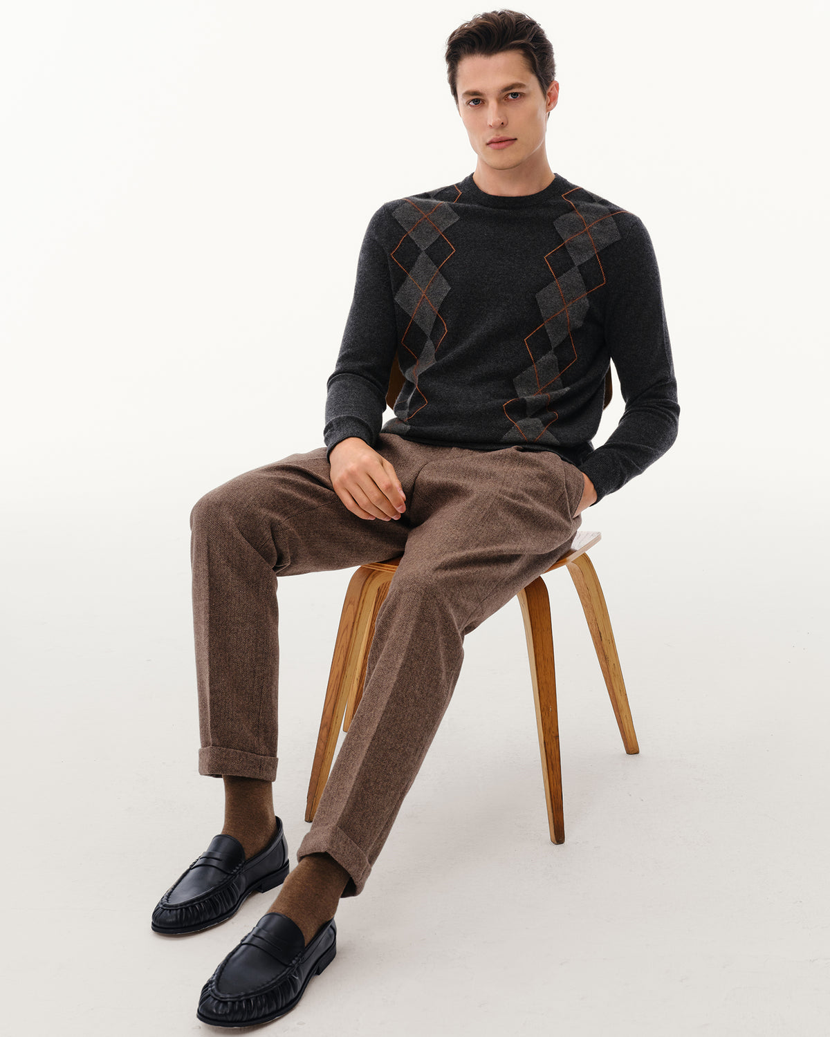 Men's 100% Cashmere Argyle Crew Neck Sweater
