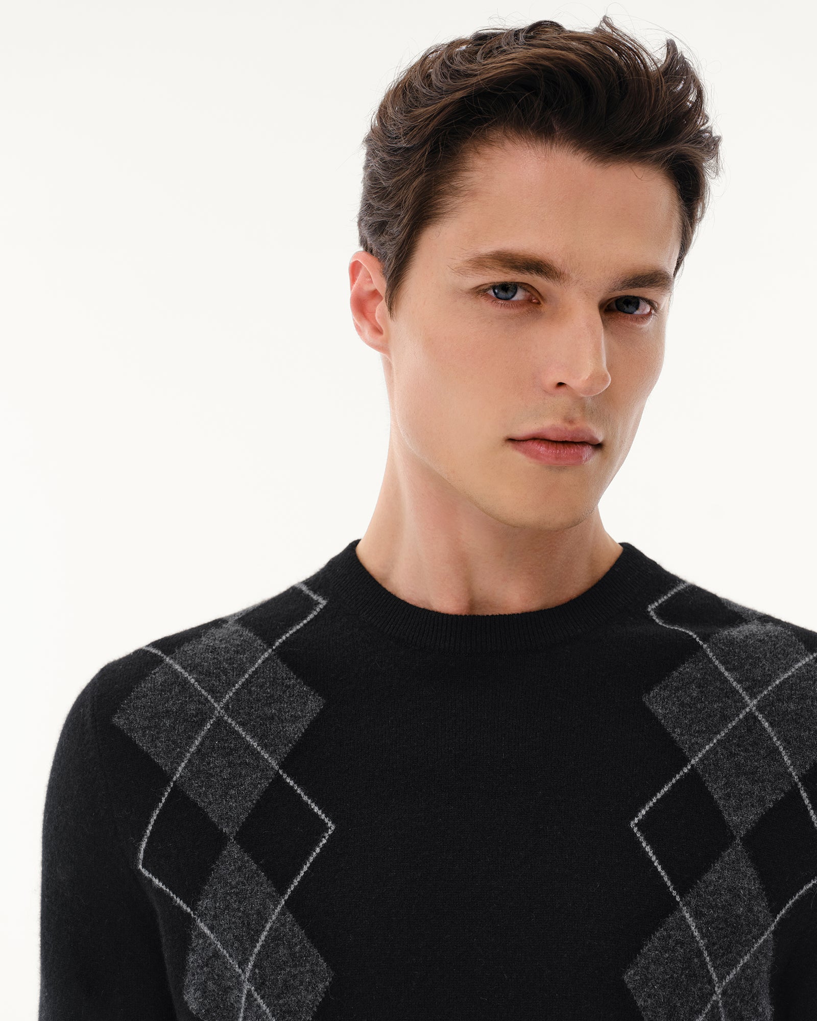 Men's 100% Cashmere Argyle Crew Neck Sweater