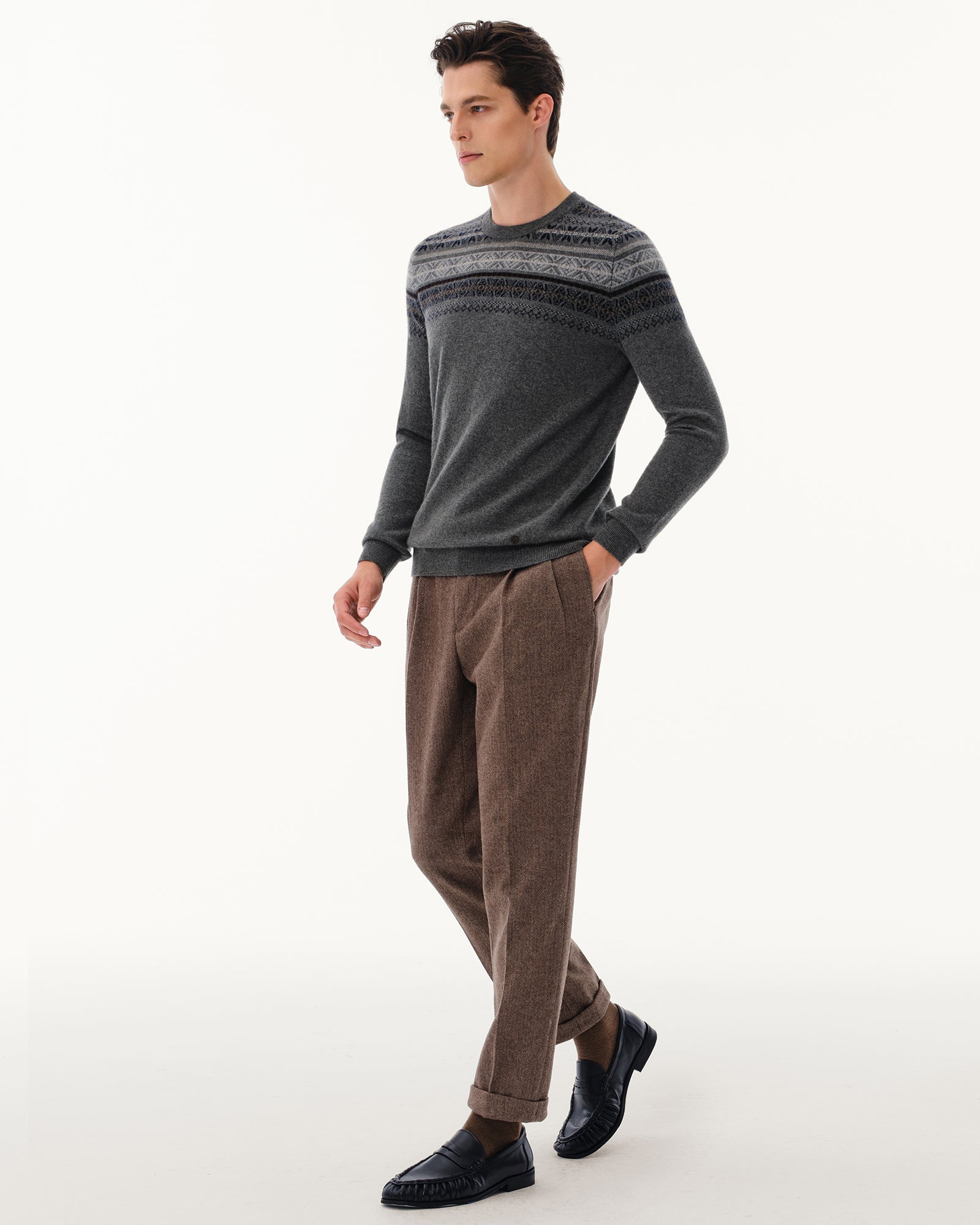 Men's 100% Pure Cashmere Fair Isle Crew Neck Sweater