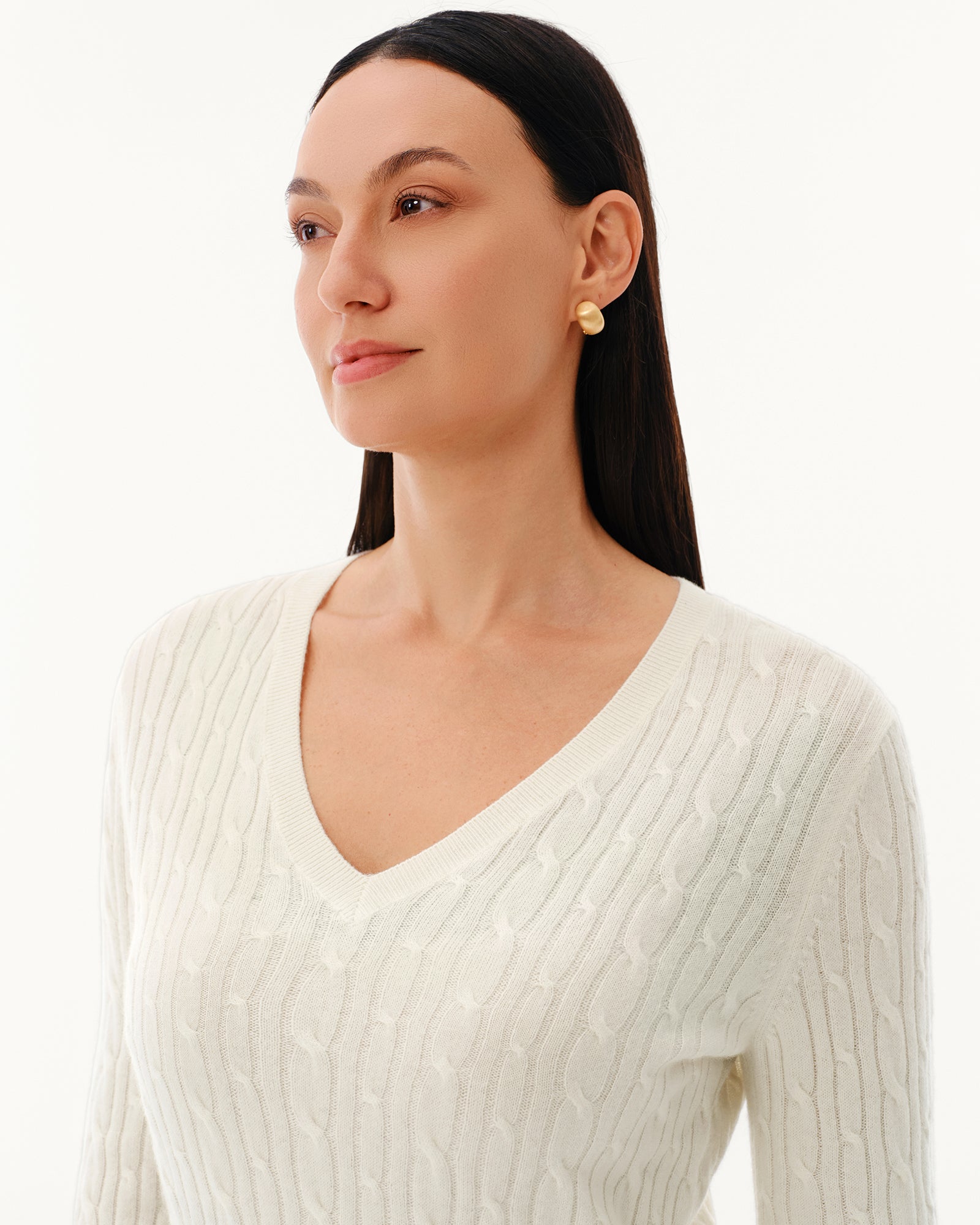 Women's 100% Pure Cashmere Cable Knit V-Neck Sweater
