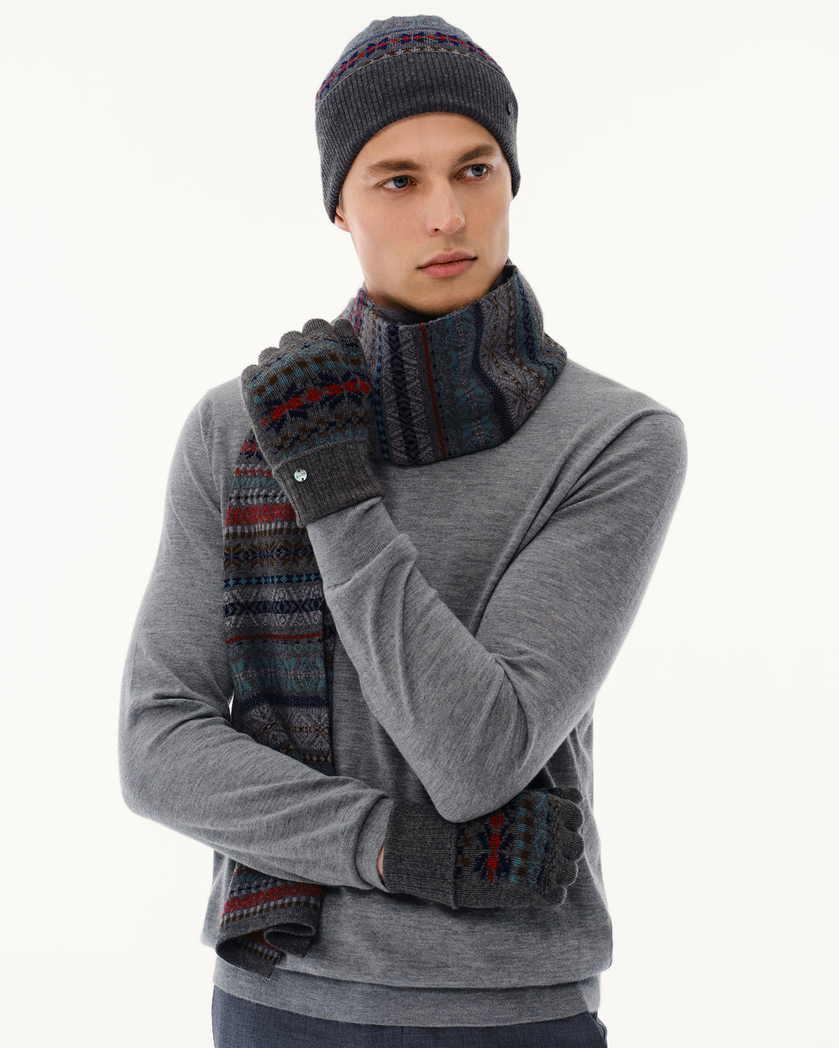 Men's Wool-Cashmere Fair Isle Hat, Scarf &amp; Gloves Set