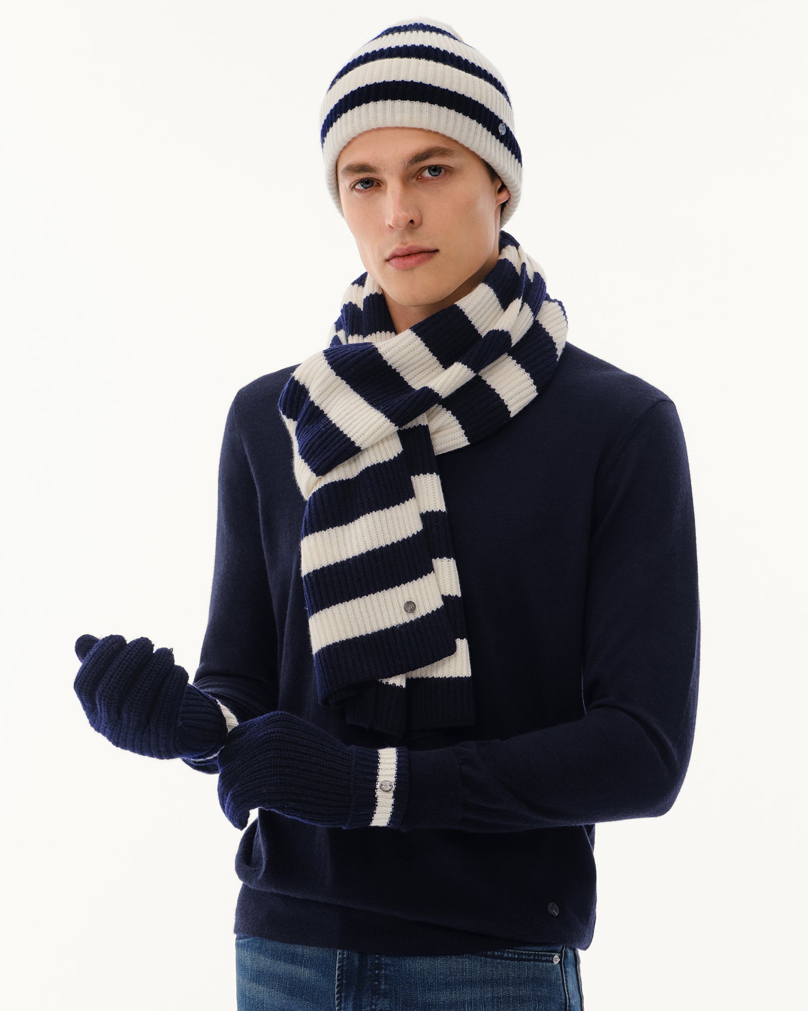 Wool-Cashmere Striped Hat, Scarf &amp; Gloves Set